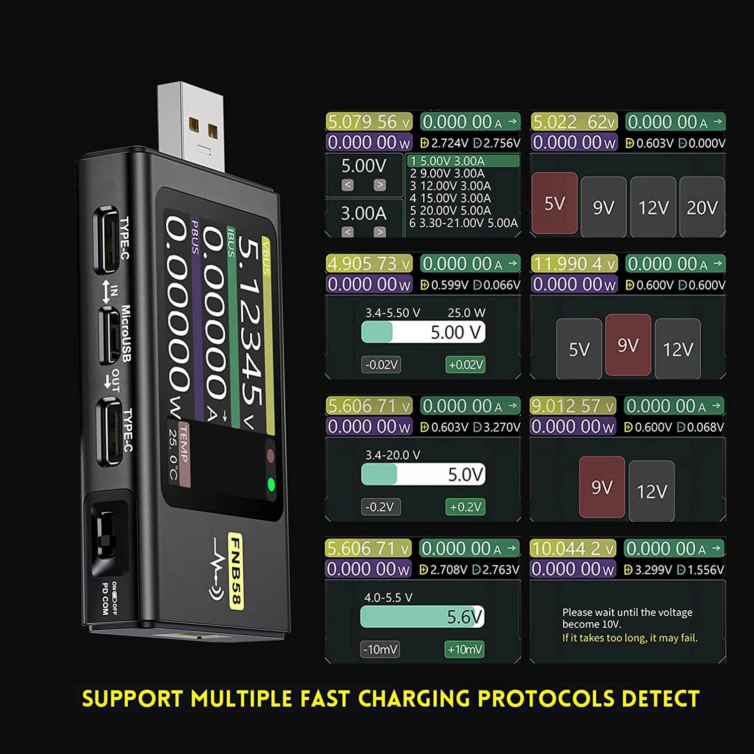 FNB58 Testeur USB, Testeur de de VoltmèTre NuméRique USB Type-C Protocole de Charge PD DéTection de DéClenchement Max 7A