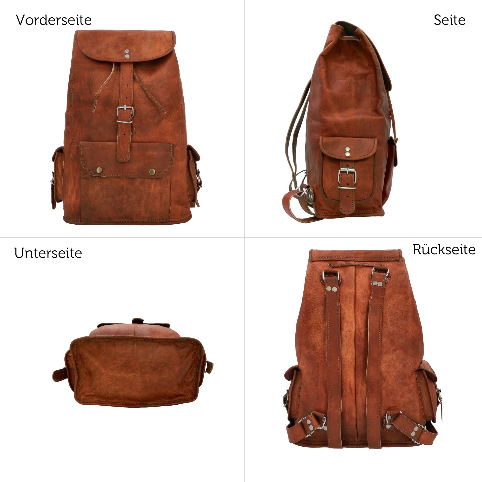 Gusti Rucksack Leder - Bobbie 15" Damen und Herren Lederrucksack Cityrucksack aus Leder Vintage Retro Braun