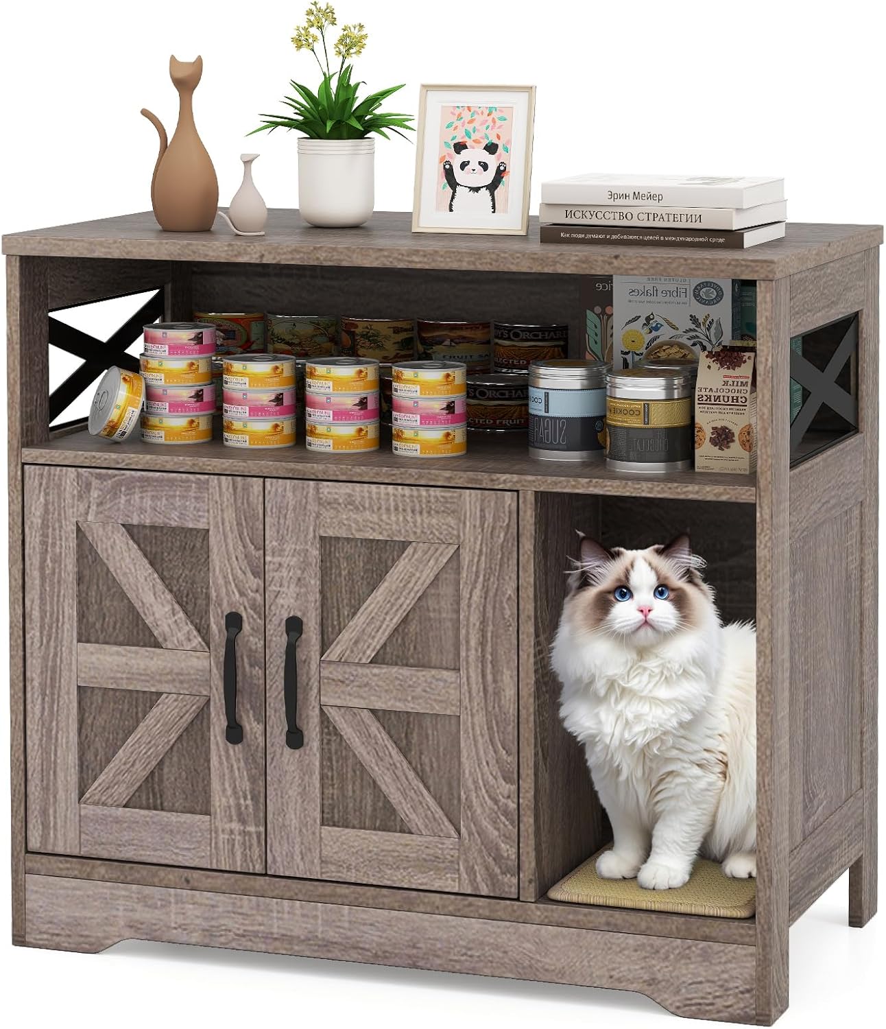 PETSITE Farmhouse Cat Litter Box Enclosure, Hidden Litter Box Enclosure Furniture with Open Storage Compartment, and Sisal Scratching Pad, Grey-Brown