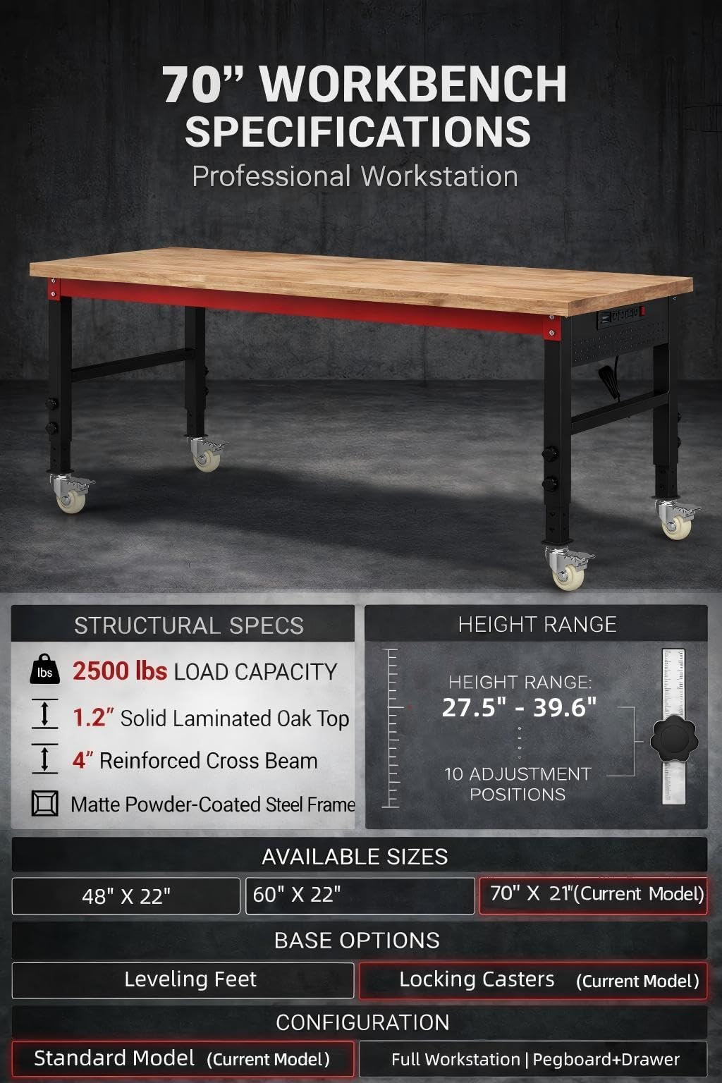 70" Heavy Duty Workbench, 2500 LBS Load Capacity Work Bench with 1.2" Laminated Oak Wood Top & Reinforced Steel Frame, Adjustable Height Work Table for Garage, Workshop, Office, Home (Casters) — view 6
