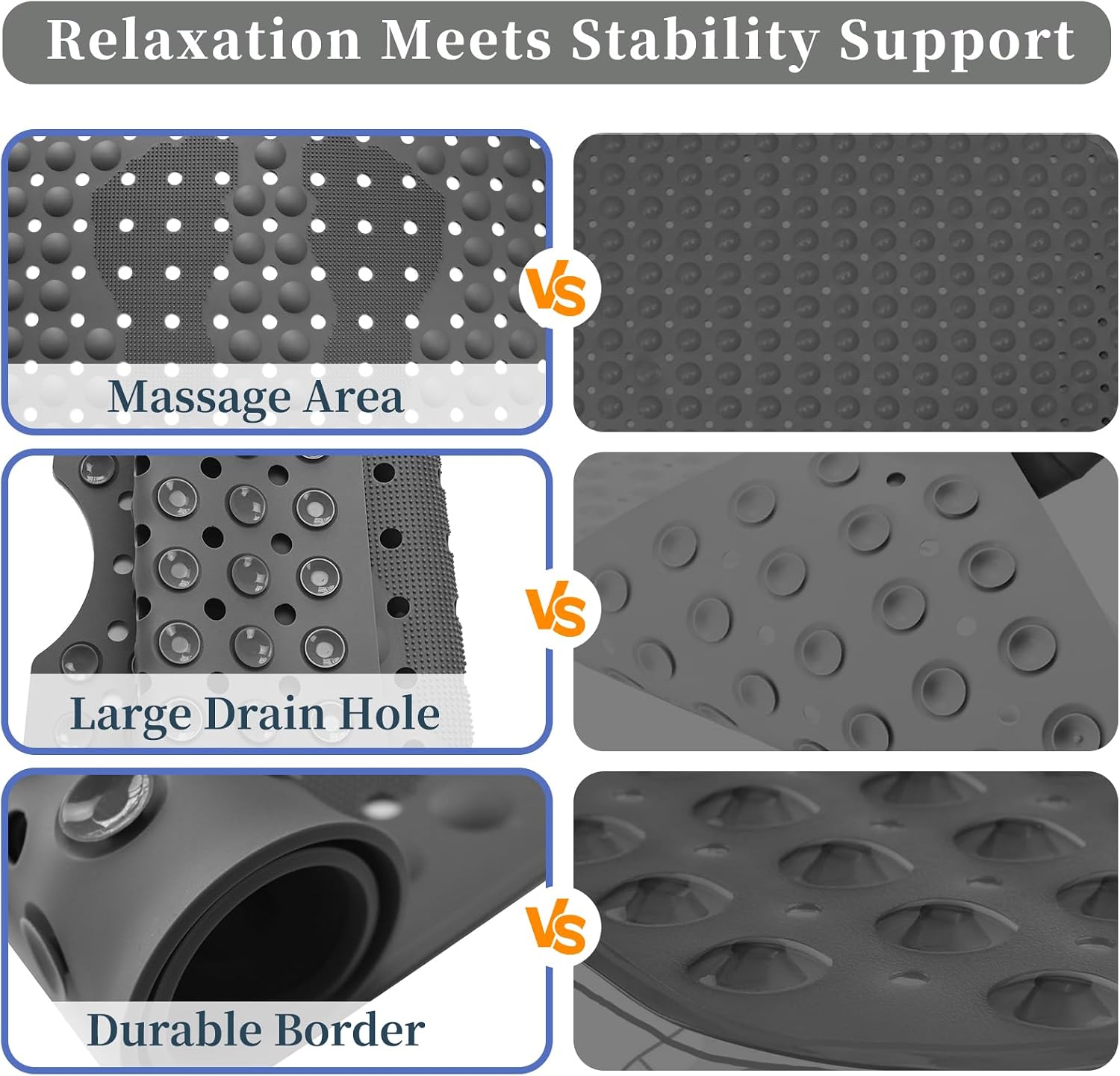 Bath Mat for Tub Non Slip, 35.4 x 15.7 inch Long Bathtub Mats with Suction Cups, Machine Washable Shower Tub Mat for Bathroom Floor and Tub, Soft Silicone Material, Foot Massage Area Design, Gray