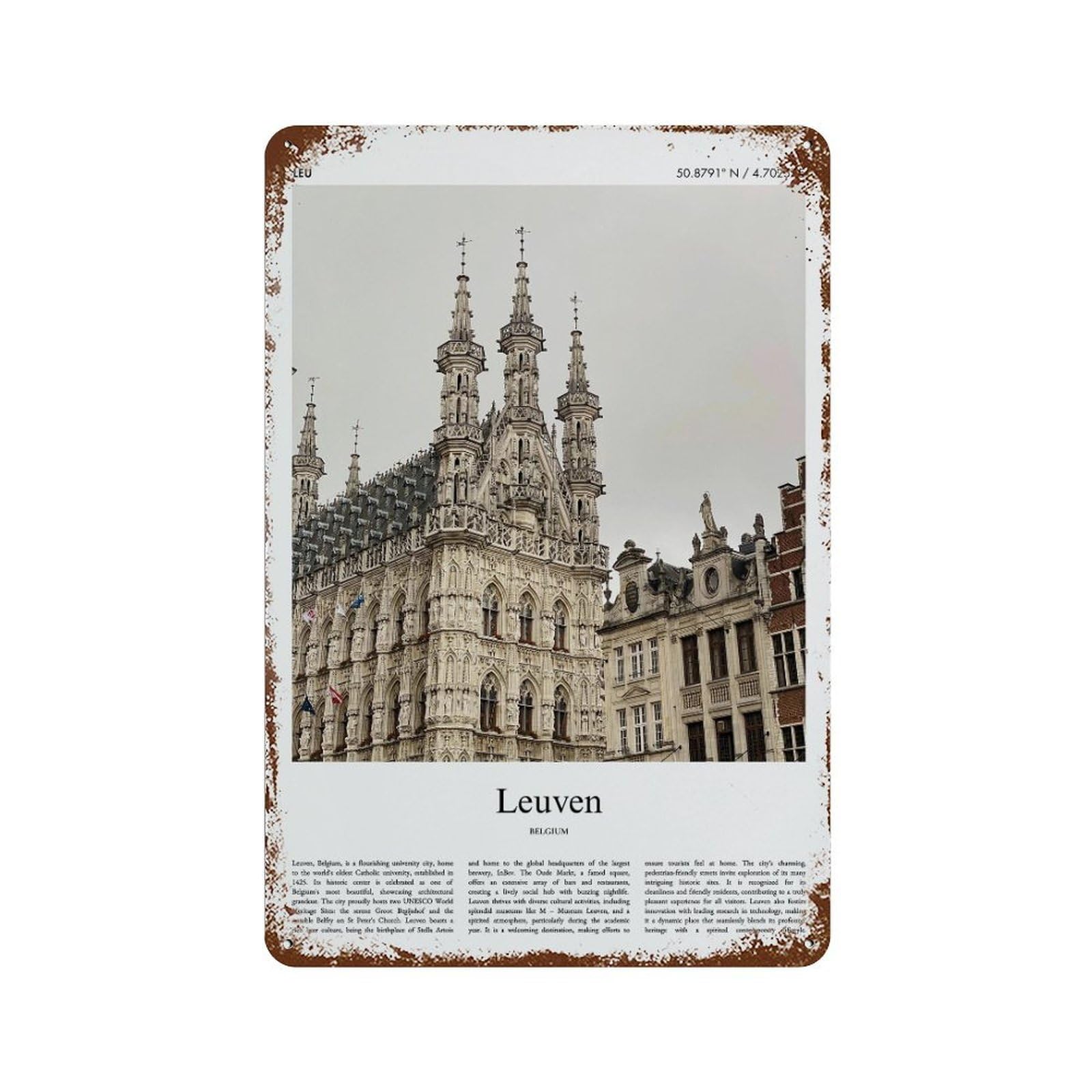 xiaoxiaoshen Leuven Belgium City Scenery Wall Decor Art Metal Tin Poster Modern Home Decor Art Home Bar Shop Decorations Vintage Sign 30x20cm