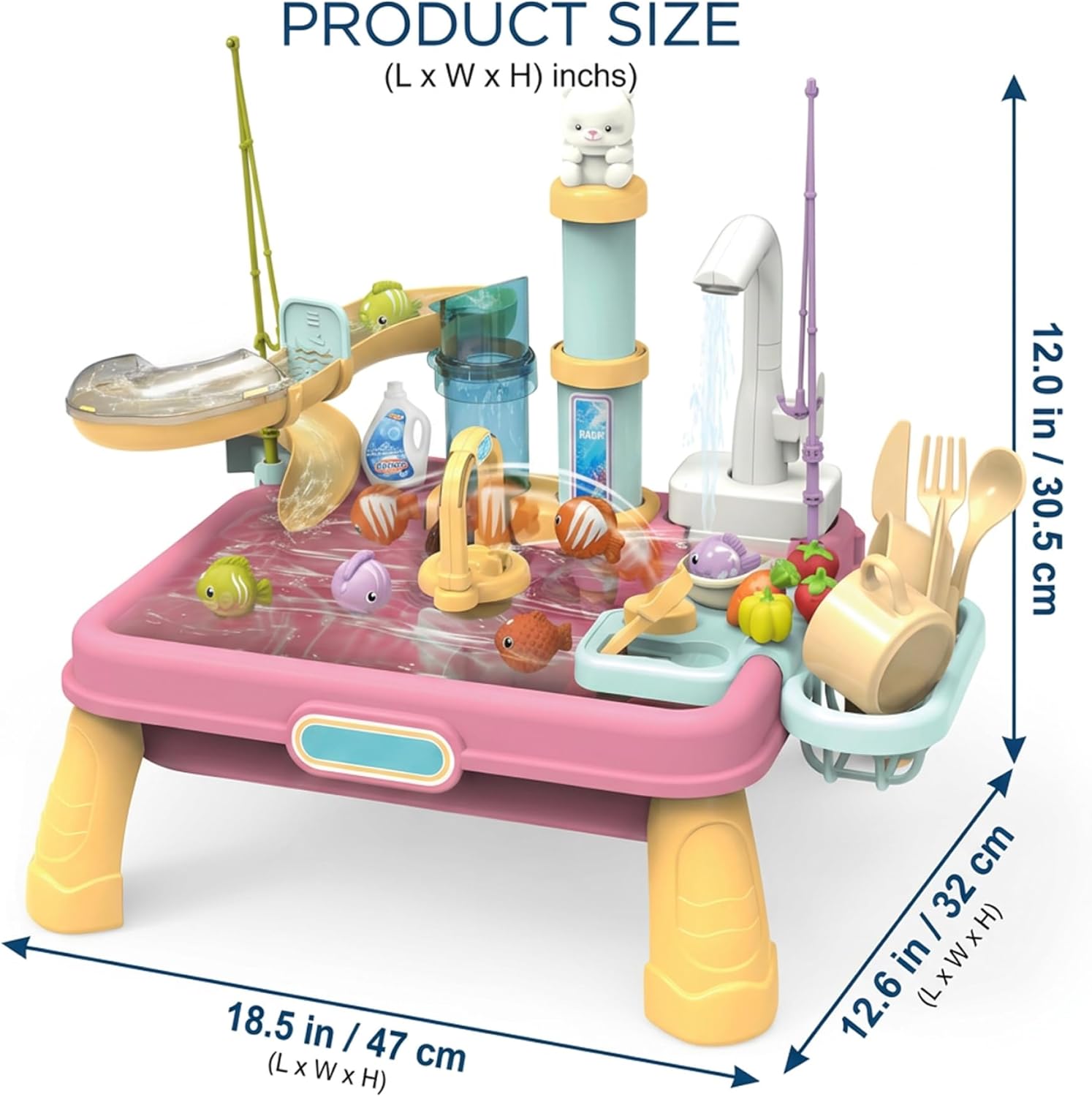 Water Table for Toddlers 3+, 47x32x30.5cm Kids Sensory Table Electric Play Sink & Fishing Game Set, Kids Sand Water Tables, Activity Sensory Toys for Summer Outside Beach (Pink)
