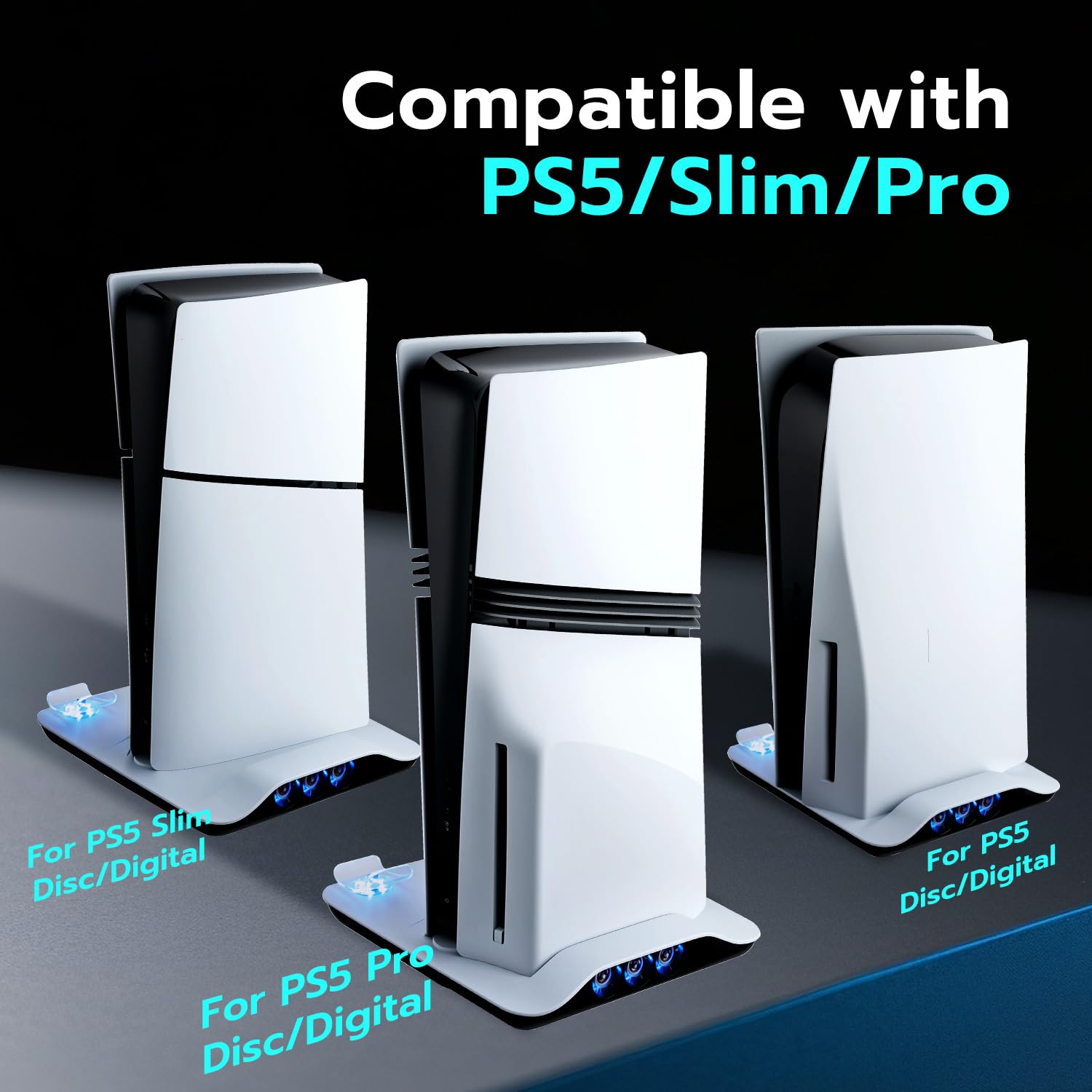 PS5/Slim/Pro stojak z wentylatorem chłodzącym, stacja ładująca PS5, PS5 pionowy stojak chłodzący z 2 ładowaniem USB i 3 prędkością wiatru do PS5 gadżetów