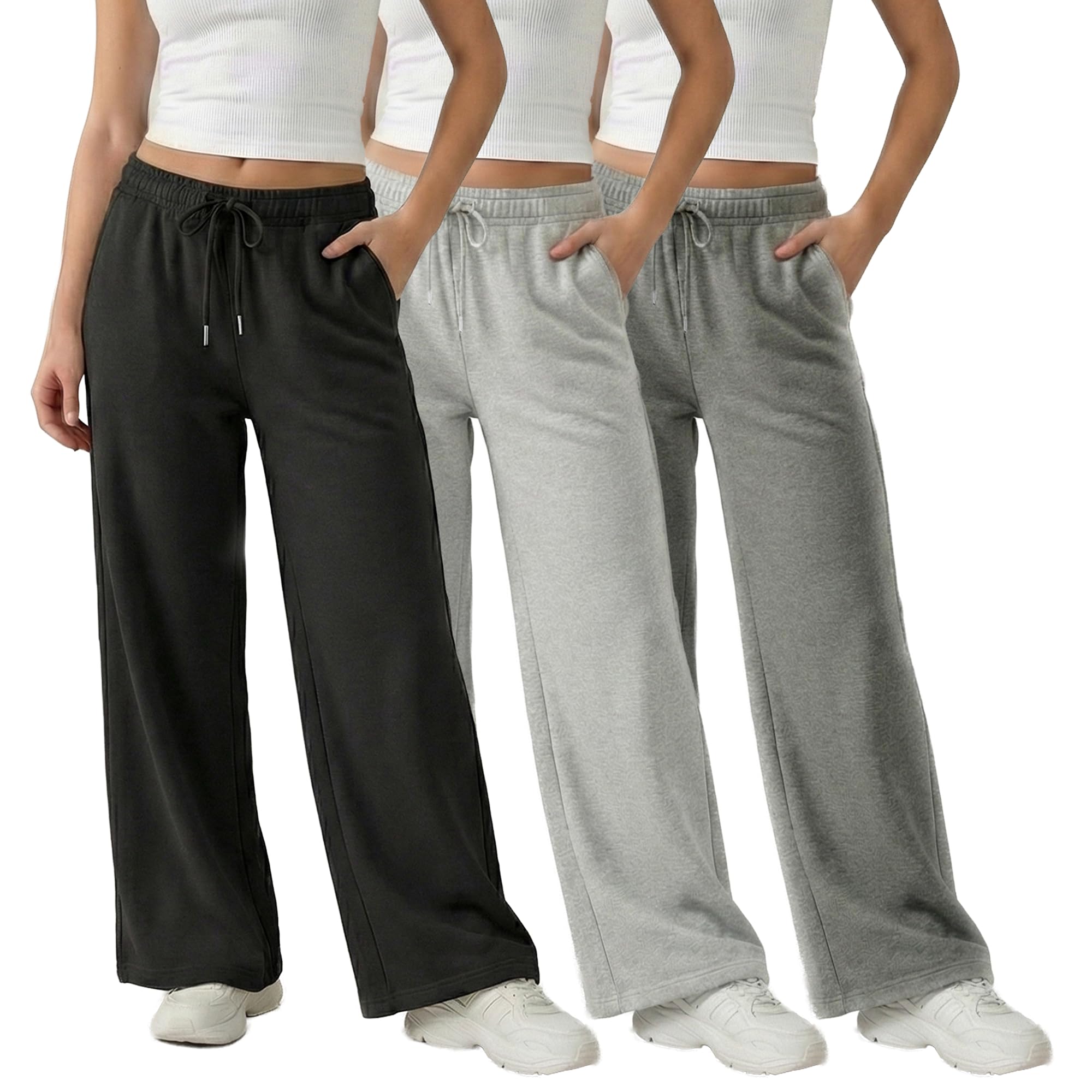 Common Stitch 3 Pack Wide Leg Fleece Lounge Sweatpants for Women Deep Pockets Relaxed Fit Elastic Drawstring Waist
