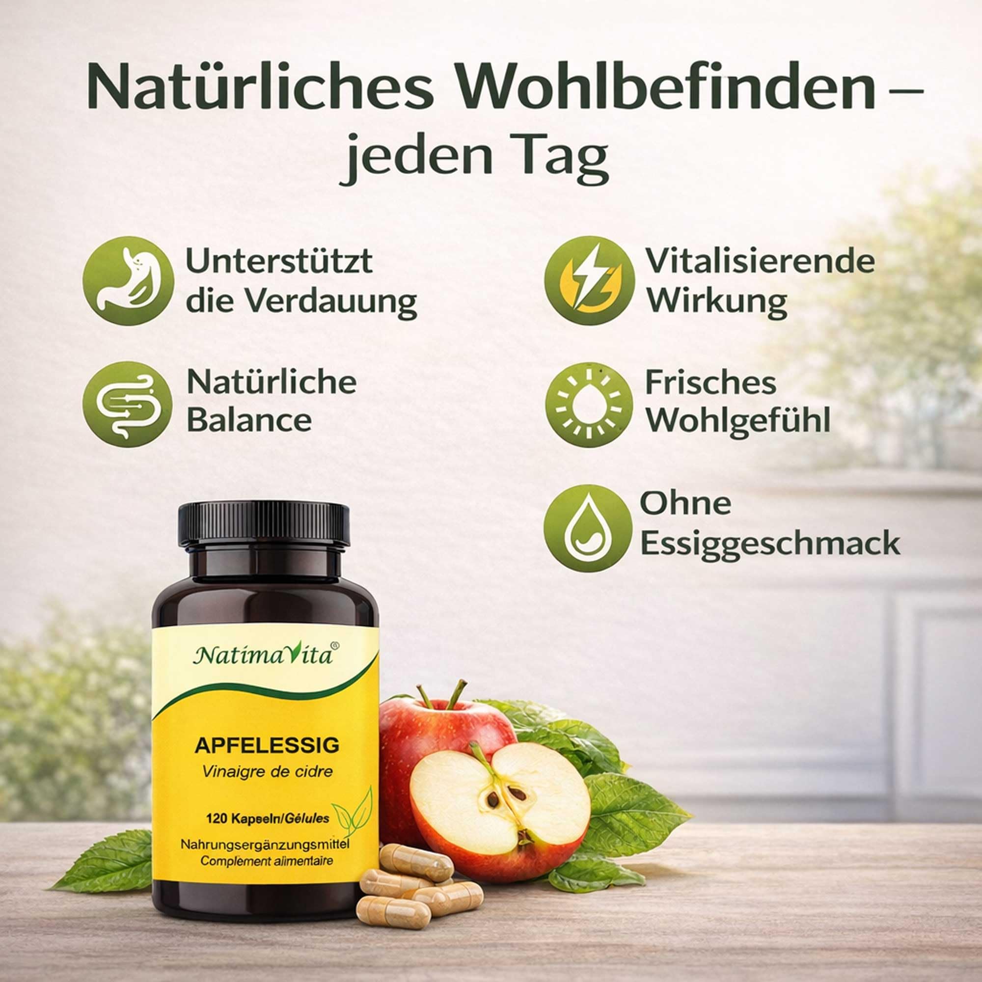 Vinaigre de cidre de pomme en gélules - 1000 mg par jour - 2 x 120 capsules vegan - Soutient le métabolisme et l’élimination - Naturel et efficace