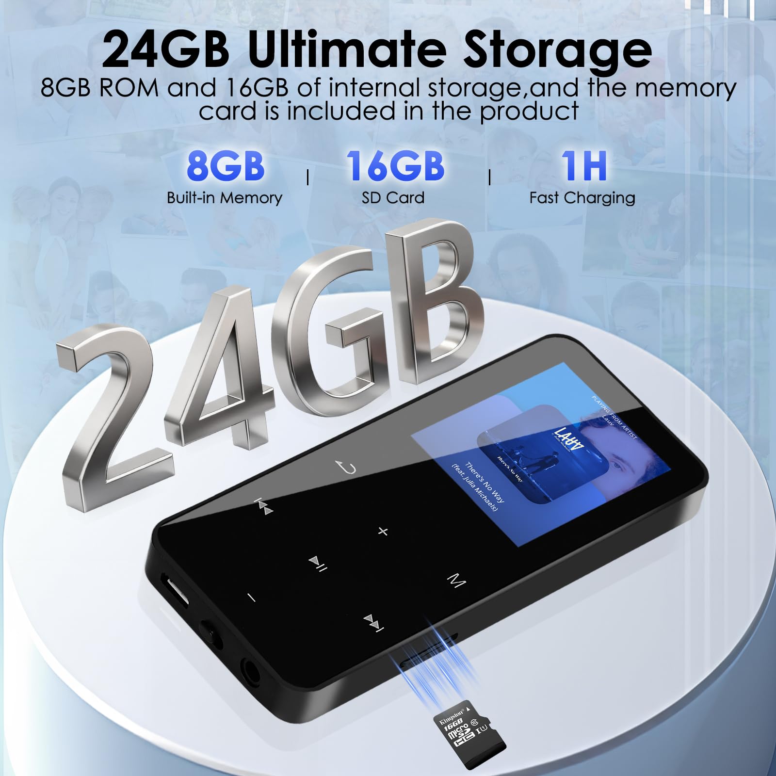 Reproductor MP3 de 24 GB con Bluetooth, reproductores de audio digital MP3 con altavoz, radio FM, reproductor de video, grabadora de voz, función de libro electrónico, sonido HiFi sin pérdidas
