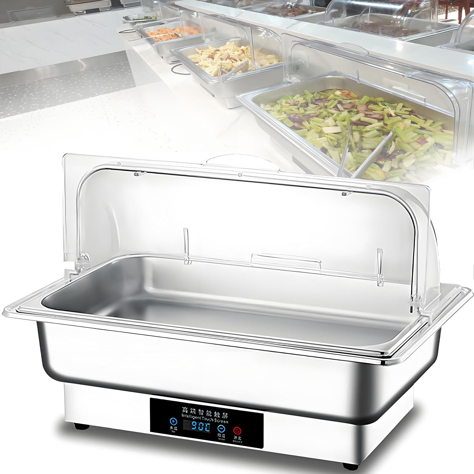 Elektryczny podgrzewacz do potraw Chafing Dish 9L, podgrzewacz do potraw ze stali nierdzewnej o mocy 600 W z regulacją temperatury do cateringu, wesel, restauracji i rozrywki 1Slot