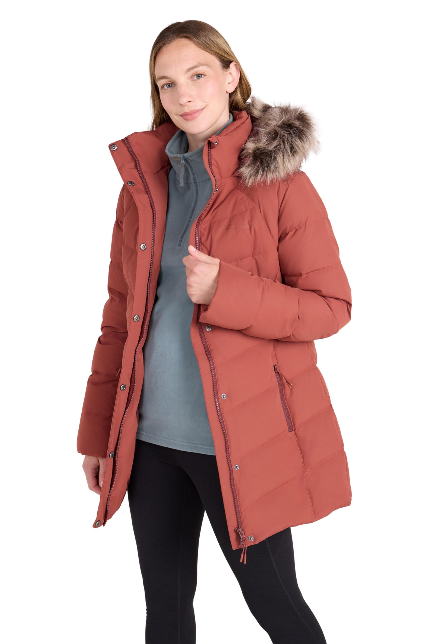 Mountain Warehouse Isla II Womens Long Down Jacket | Ladies Water Resistant Puffer Coat with Faux Fur Trim Hood, Warm & Comfy Thermal Tested -35 °C with Zipped Pockets for Winter
