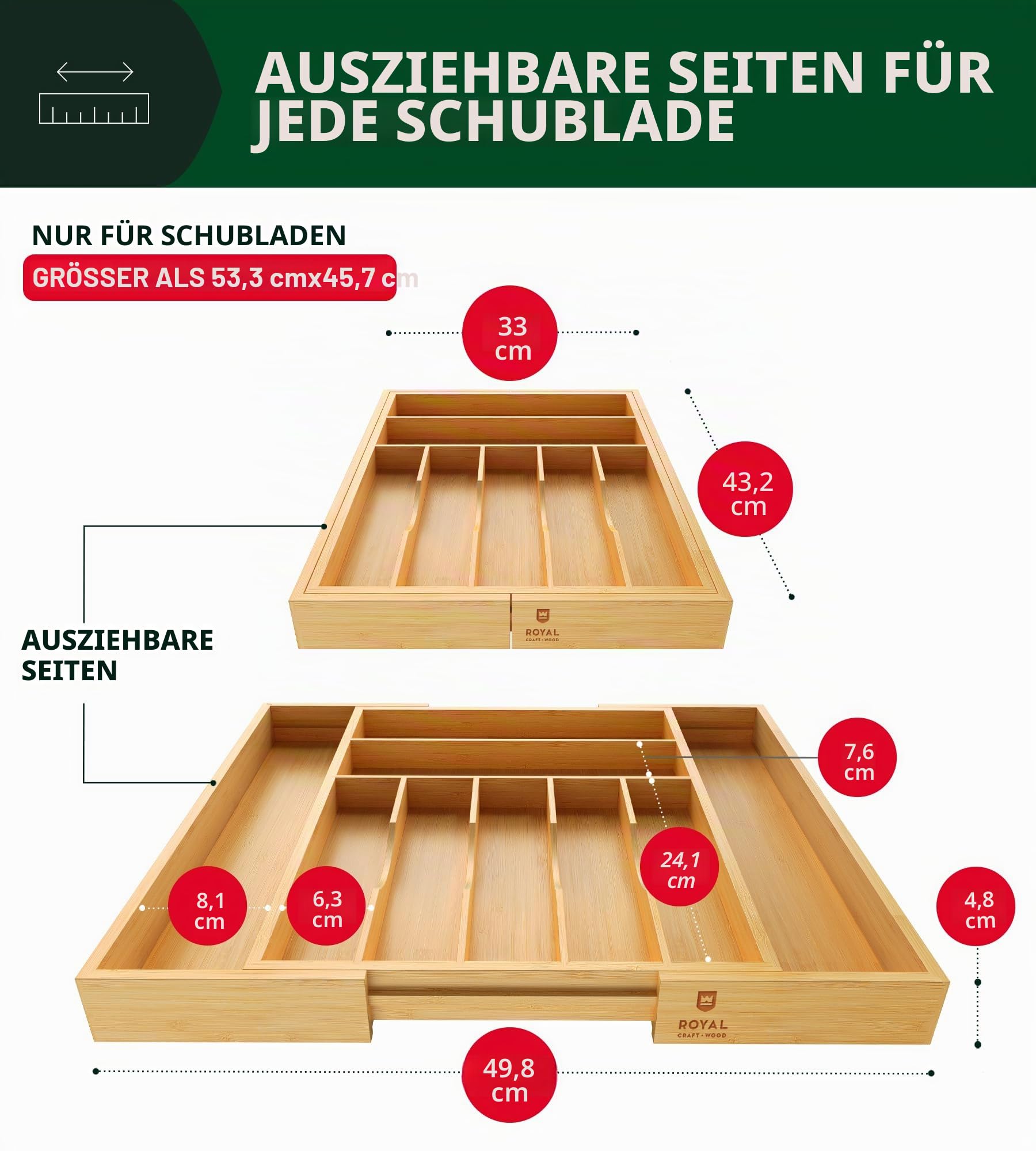 Luxuriöser Bambus-Küchen-Schubladen-Organizer – Besteck-Organizer – Utensilienhalter und Besteckkasten mit gerillten Schubladenteilern für Besteck und Küchenutensilien (9 Fächer, natur)