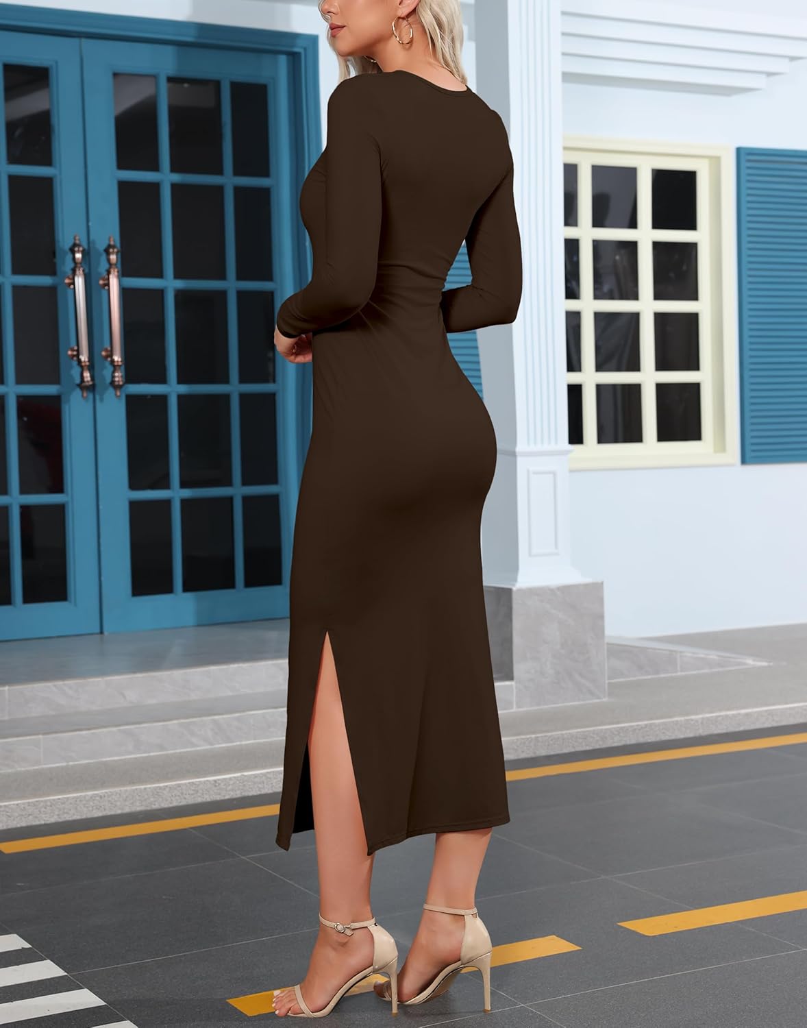 Women's Bodycon Maxi Dress Winter Fall Long Sleeve Side Slit Dresses Knit Fitted Tight Basic Party Club Cocktail - Image 2