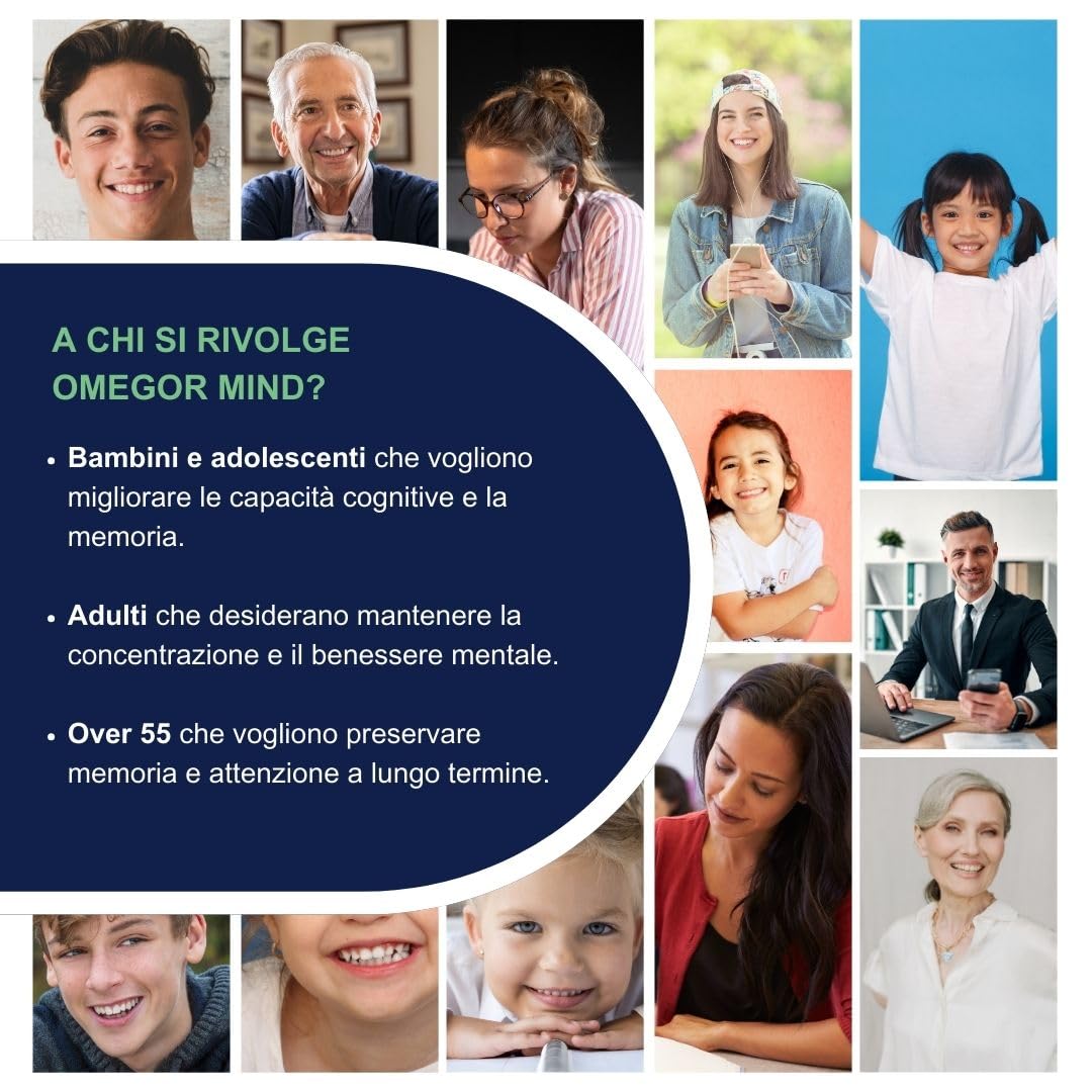 Omegor Mind Omega 3 e 6 con Bacopa Monnieri - Integratore Memoria e Concentrazione - Con Zinco, Vitamine per Favorire le Funzioni Cognitive - Per Adulti e Bambini (60 Capsule)
