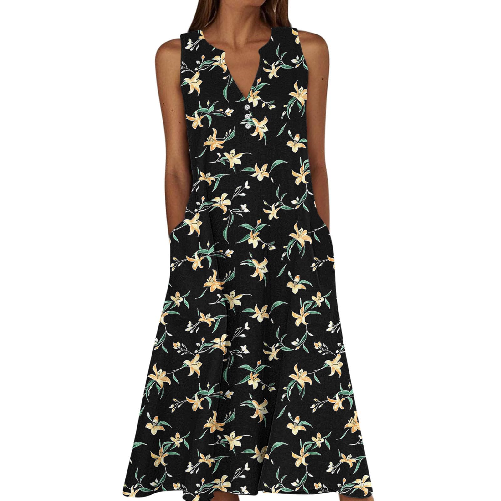 Summer Floral Print Midi Dresses for Women Boho Sleeveless V Neck Tank Dress Beach Vacation Sundress with Pockets — view 16