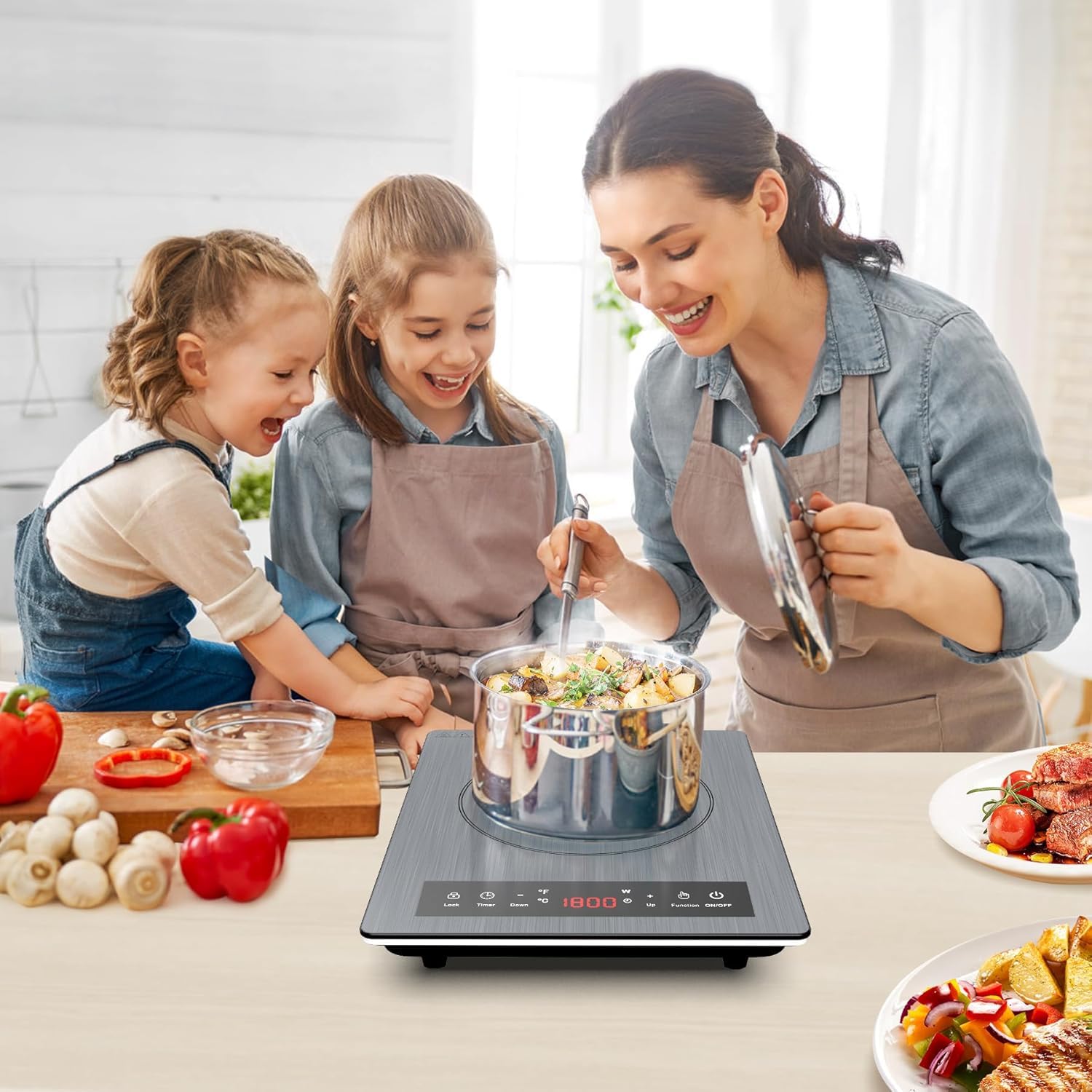 VBGK Tables de Cuisson, 1800W Plaque de Cuisson Electrique, plaque Induction Portable avec Contrôle Tactile, 10 Niveaux de Température, Verrouillage de Sécurité, Minuterie, Plaque à Induction Portable