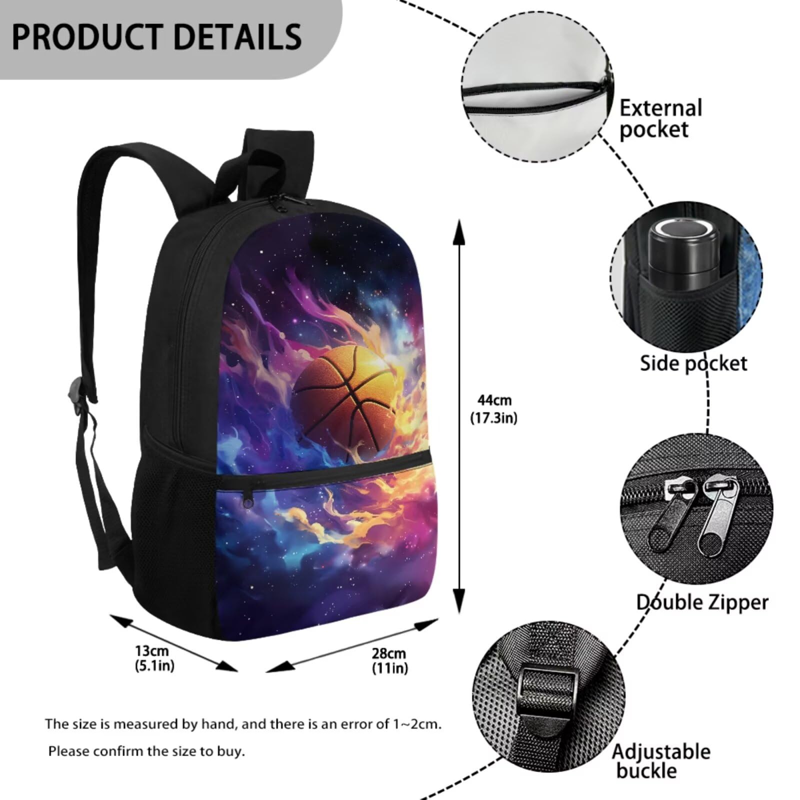 5-teiliges Schulrucksack-Set mit Lunchtasche, Stifttasche, 2-teiliges Lesezeichen für Grundschulkinder, Galaxy-Basketball, Modern