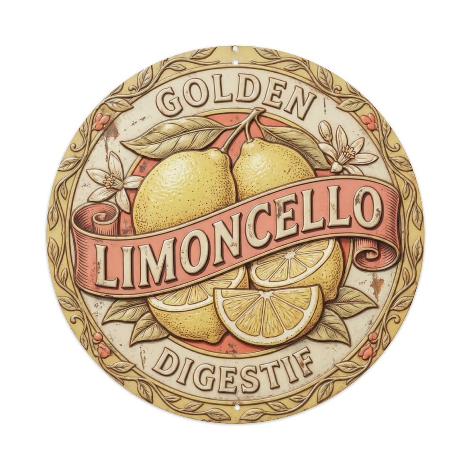Golden Limoncello Digestif Sign Metal Tin Sign Plaque Wall Decor for Cafe, Club Bar, Office, Home Garden Round Metal Poster 8x8Inch