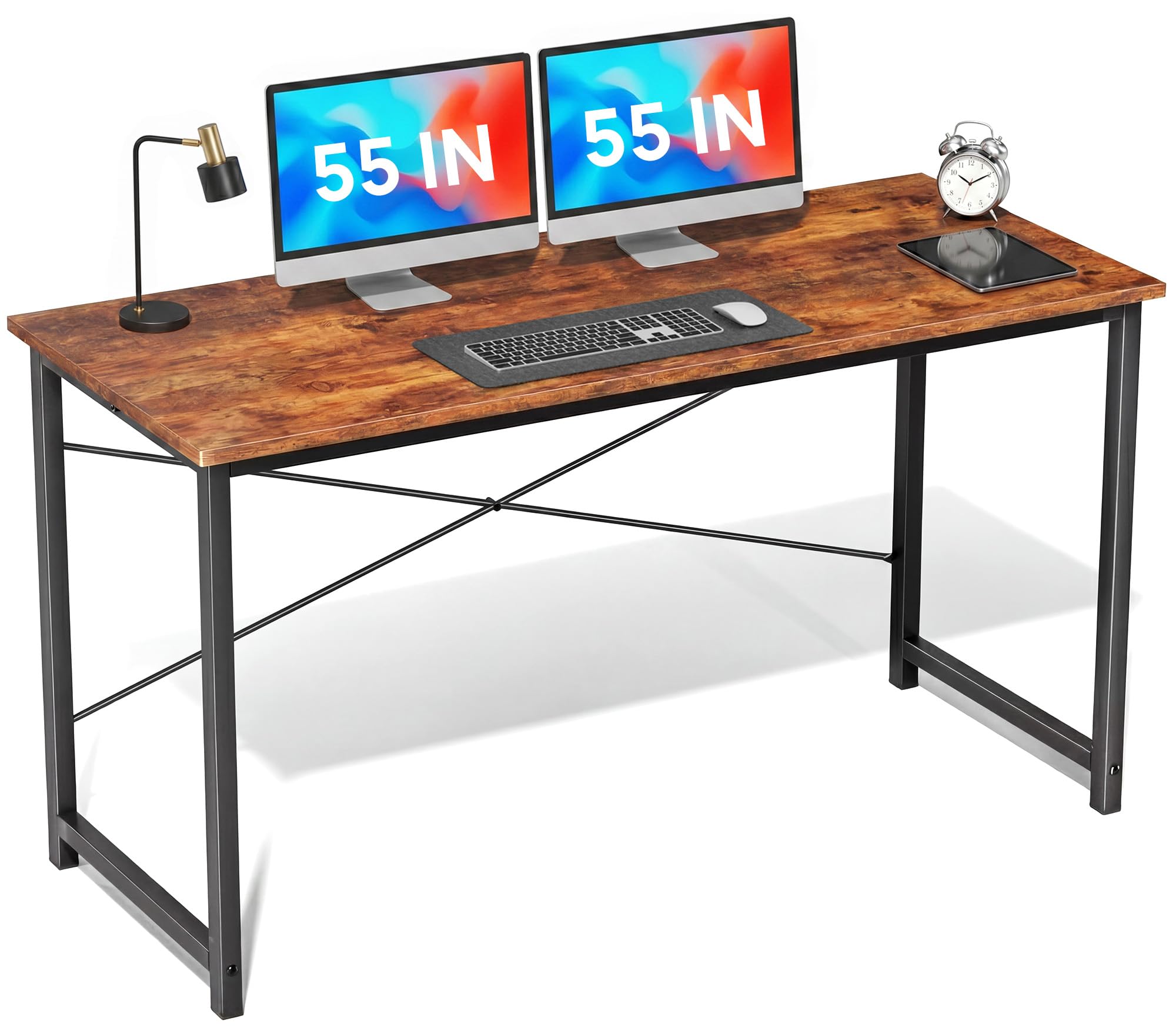 55 inch office computer desk, computer desk for home office gaming, brown