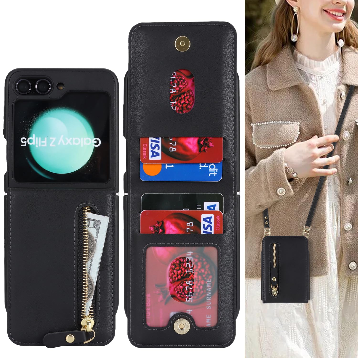 Cavor for Samsung Galaxy Z Flip 5 Case Wallet with for Women,Galaxy Z Flip 5 Case with Strap,Crossbody Strap Lanyard Card Holder Stand,Flip 5 Phone Case Cute,Leather Zipper Pocket Cover-Black