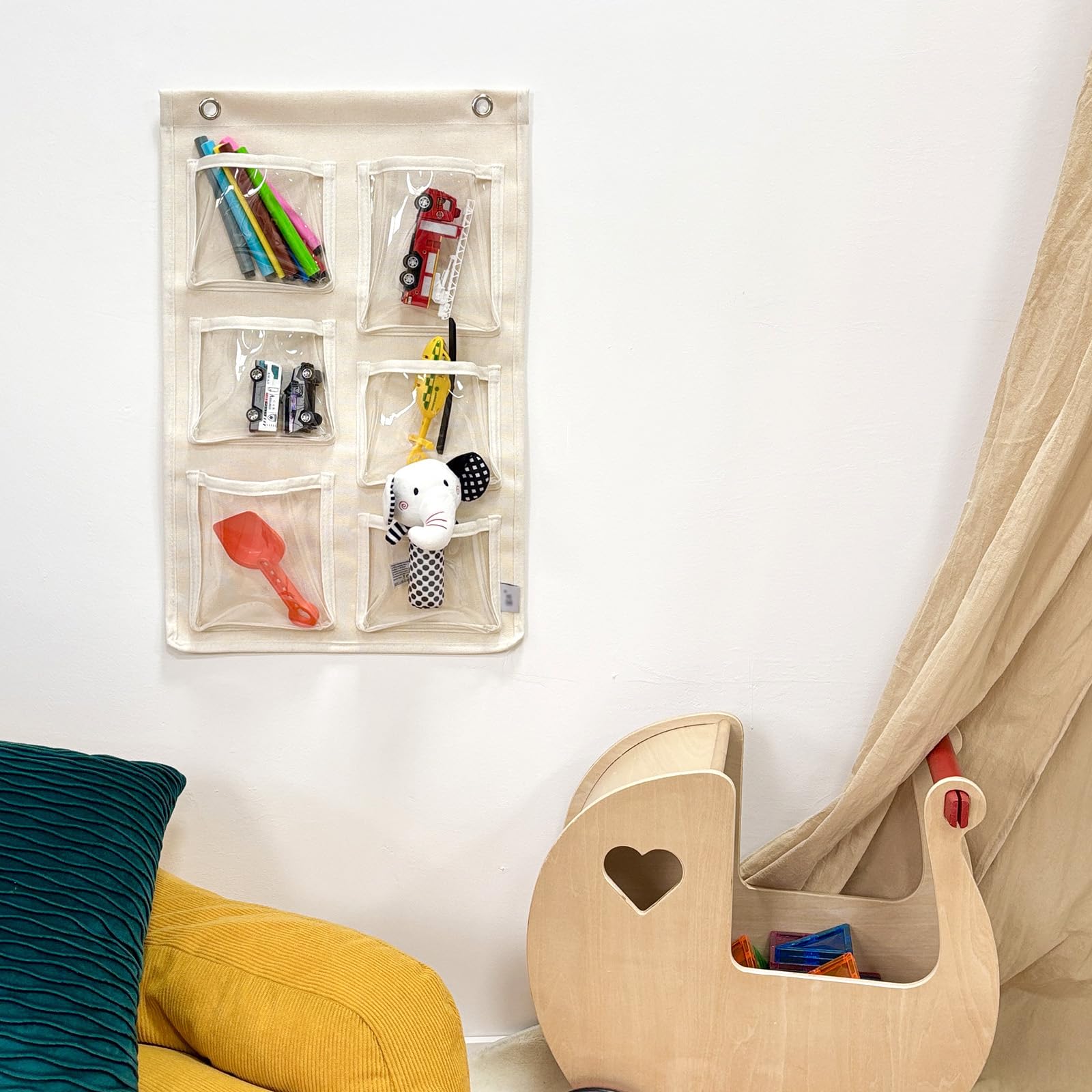 MOVEBO Wall Mounted Storage Organizer, 6 Clear Pockets With 2 Hooks, Canvas Hanging Organizer for Office and Home, Beige