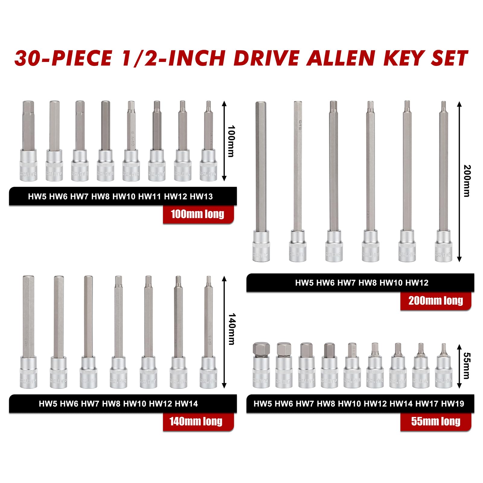 CASOMAN 1/2" Drive Hex Allen Key Bit Socket Set, H5-H19, CR-V, 30Pcs Extra Long Hex Bit Set, Extra Long Internal Hexagon Bit Socket Set - Image 3