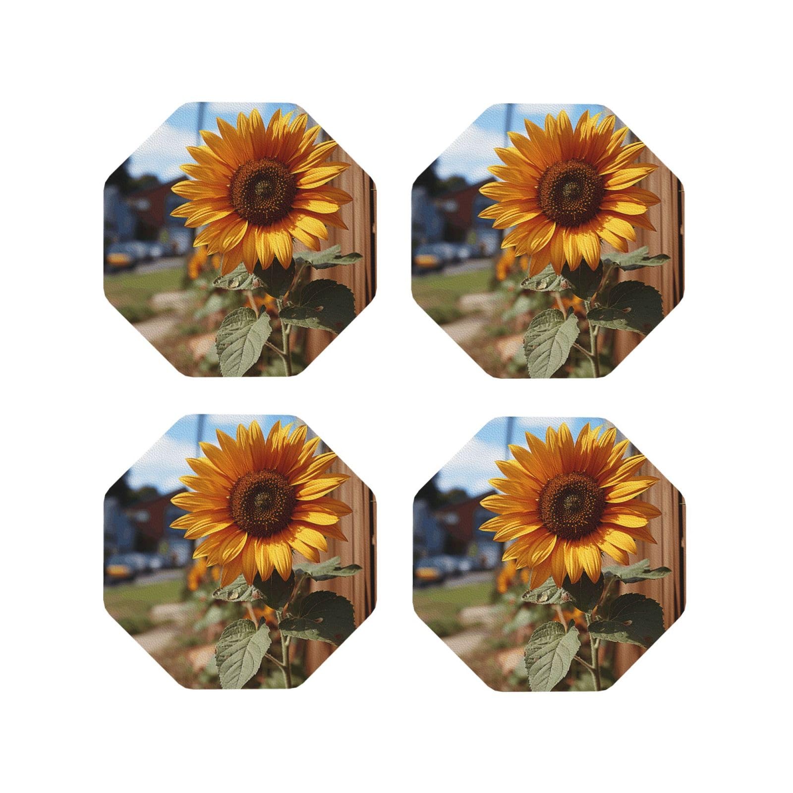 4pcs Drink Coasters for Tabletop Protection, 4" Leather Coasters for Drinks, Farm Sunflower Cup Coasters for Coffee Table Decor, Non-Slip Drinking Cup Mat for Hot Or Cold Drink