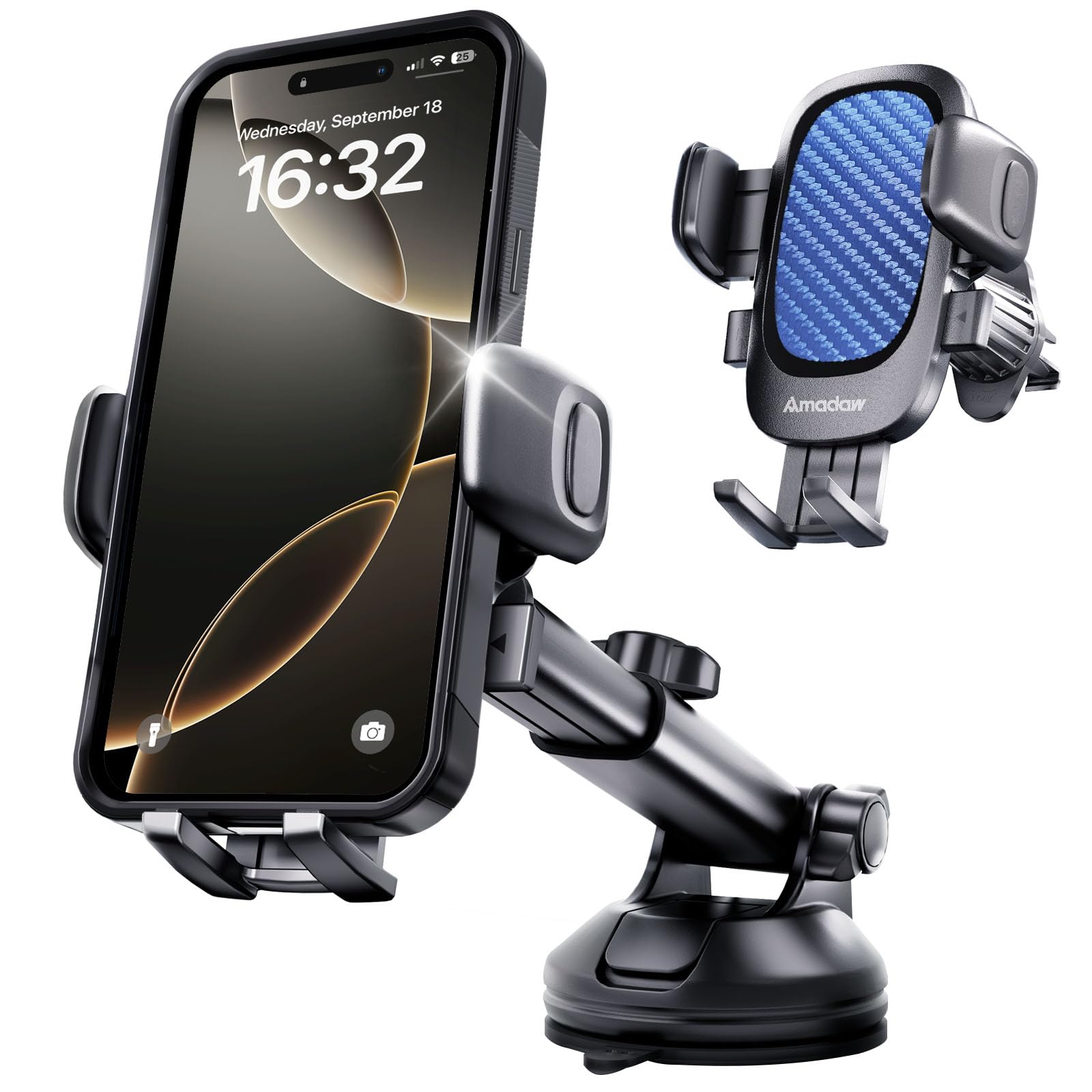 AMADAW Phone Holders for Your Car 3-in-1 Universal Mount for Windshield, Dashboard & Air Vent | Compatible with iPhone & Android Smartphones | Secure Fit for Pickup Trucks, SUVs & Sedans (Blue)