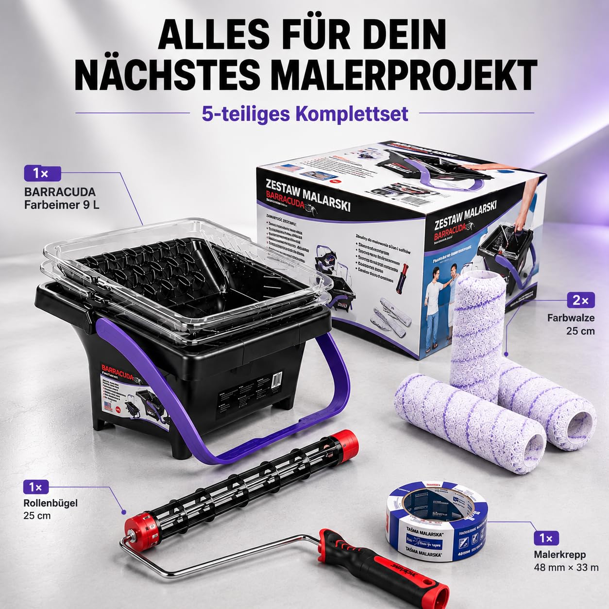 Blue Dolphin Malerset Komplett 9L Farbeimer mit Abstreifgitter 25 cm Farbroller 2 Farbwalzen 13 mm Malerrolle Rollenbügel Malerkrepp 48 mm x 33 m Renovierungsset