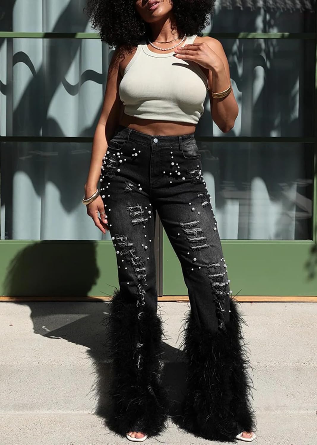 LETSVDO Women's Flare Ripped Pearl Jeans High Waist Distressed Feather Bell Bottom Stretchy Denim Pants - Image 3