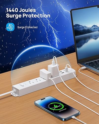 Miniatura 5 de TROND Cable de extensión de 15 pies de largo con 2 USB C, certificación ETL, regleta de alimentación de enchufe plano ultrafina, protector de