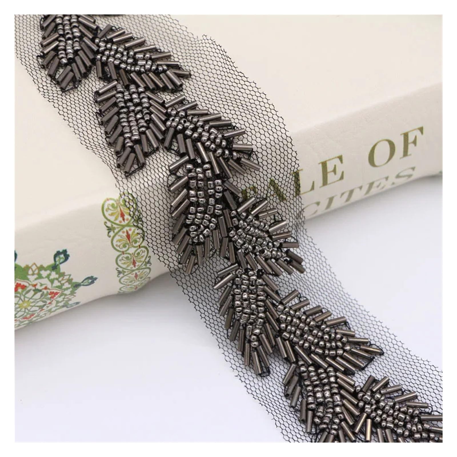Puntilla De Encaje Con Strass En Forma De Flor Tela de malla hojas con adornos encaje cuentas perlas, 5cm, 1 yarda
