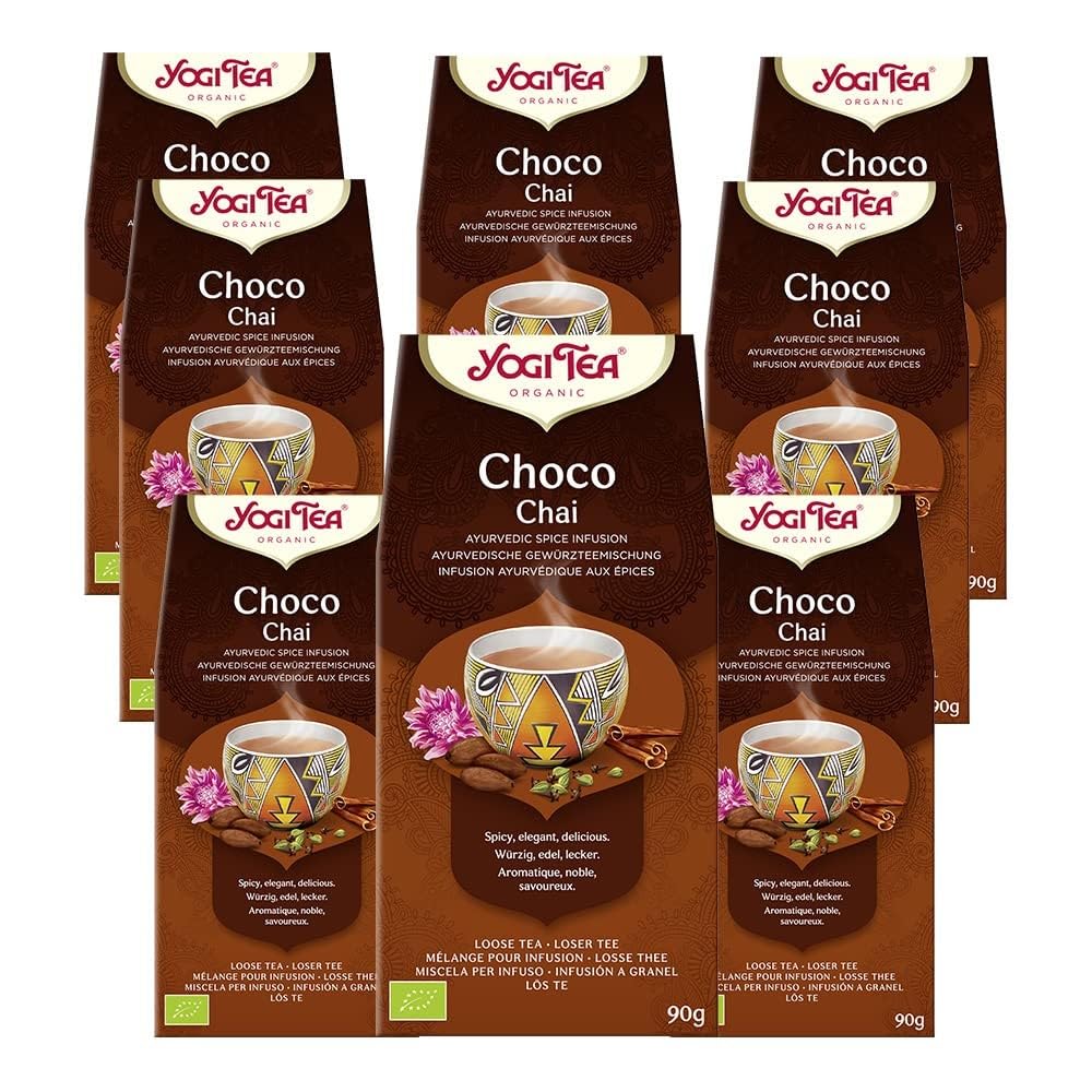 Yogi Tea, Choco Chai, Bio-Gewürz- und Kräutertee, natürlicher Schokoladengeschmack, Mischung aus Kakao, Lakritz und Zimt, losem Tee, 8 Packungen x 90 g