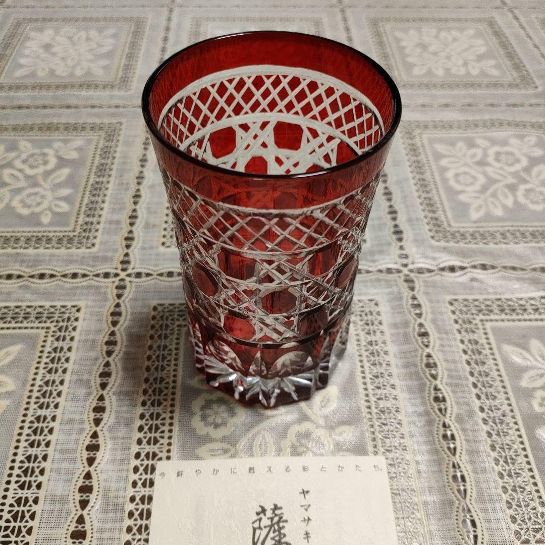 ヤマザキガラス製 薩摩切子 南蛮赤 矢来籠目 菊透かし紋様 栞＆共箱