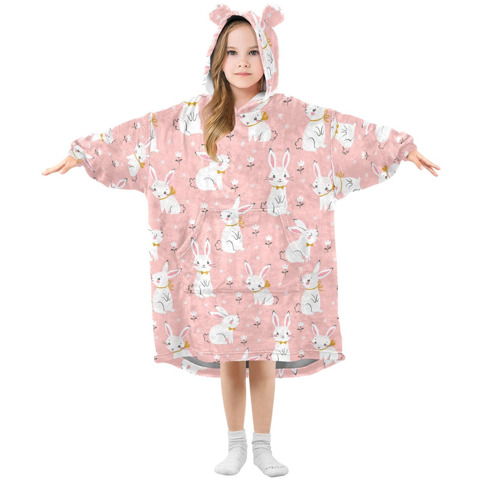 Oversized Blanket Hoodie for Kids Adult Girls Boys, Fleece Hoodie Blanket White Rabbit Pink Super Warm Plush Wearable Blanket Hoodie Sweatshirt with Roomy Pocket, Medium