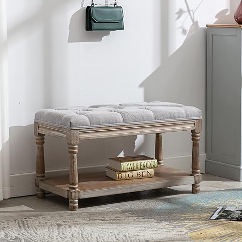 Miniatura 2 de DUOMAY Farmhouse - Banco otomano de almacenamiento con estante, 31.5 pulgadas de ancho, taburete otomano tapizado de lino para dormitorio, sala de