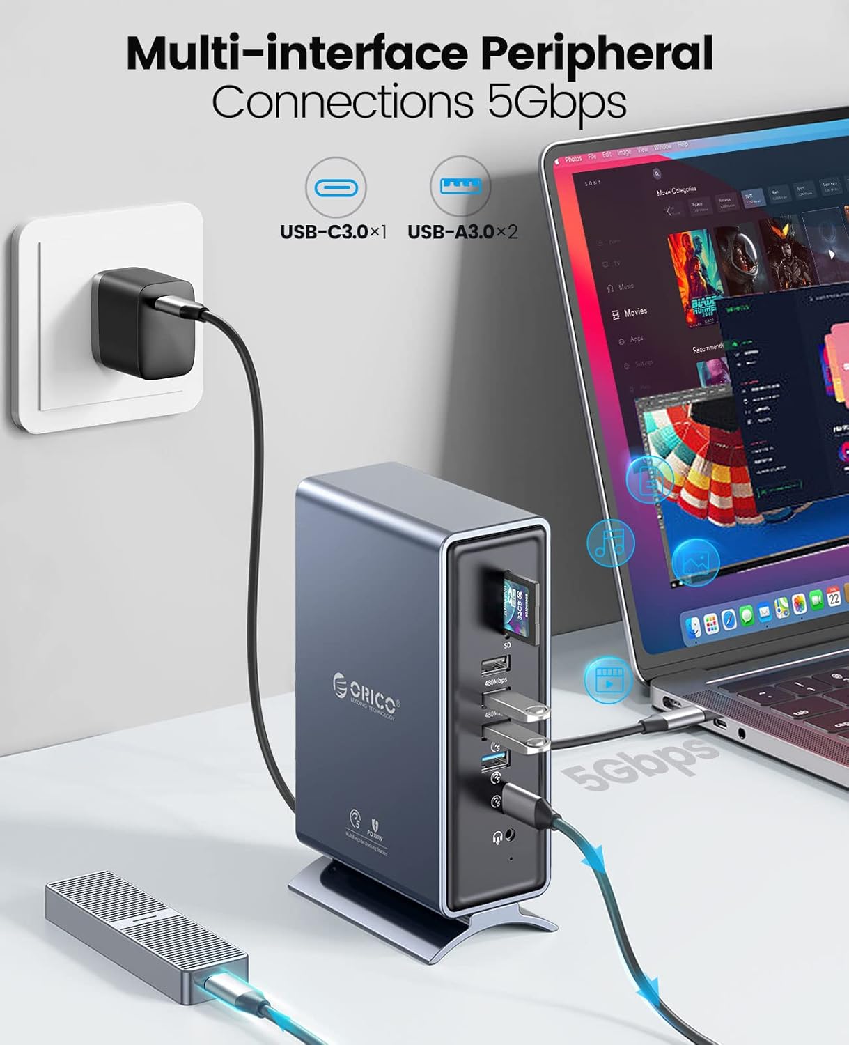 ORICO Docking Station 15 in 1 Laptop Dock Dual 4K Display USB Docking Station con 2 HDMI, 4K DP, 6 USB-A, 100W PD, RJ45, 3.5mm Audio, Lettore di schede SD/TF, È necessario scaricare il driver Grigio USB C Dock Grey - Immagine 4