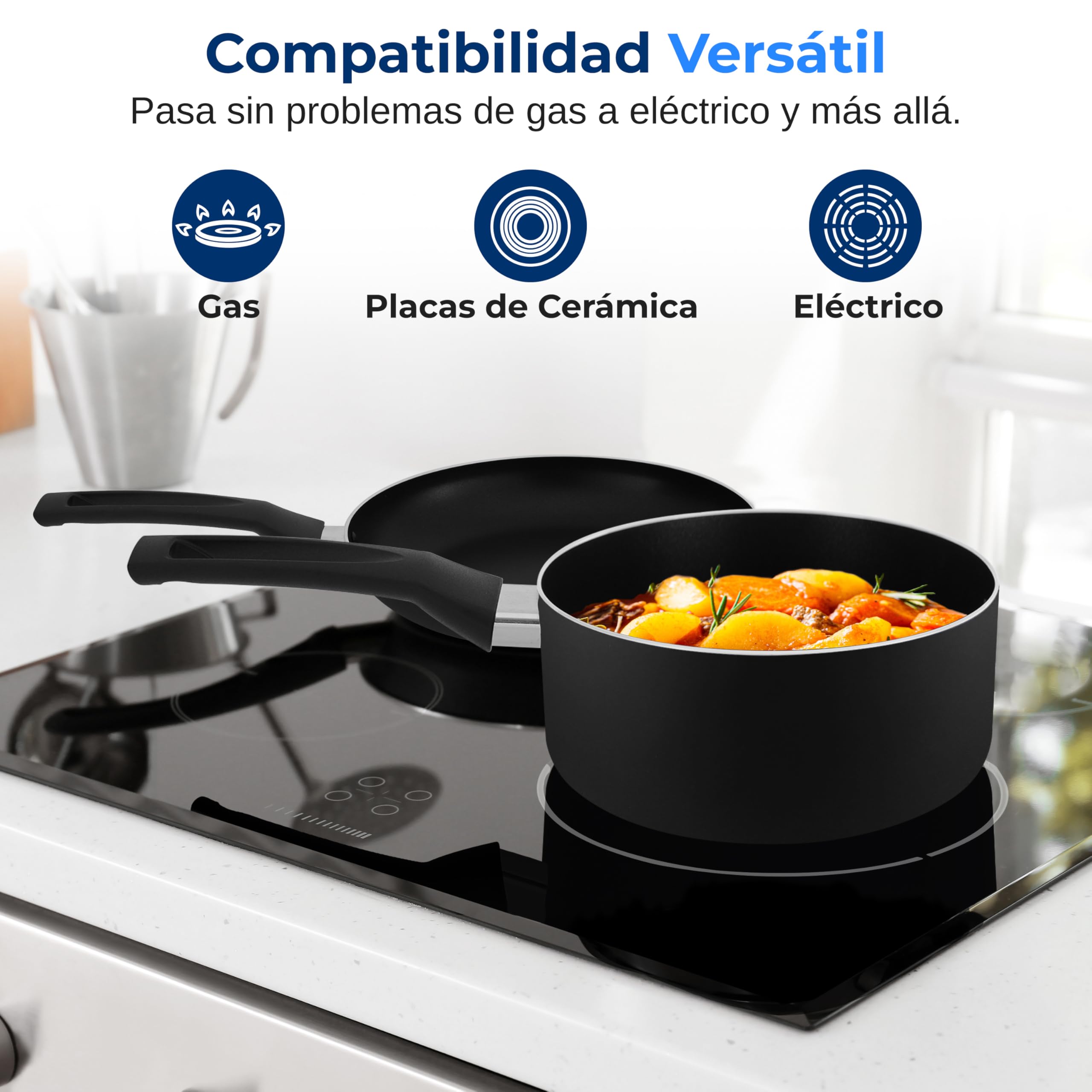 SereneLife bateria de cocina, Antiadherentes, 15 piezas, Resistentes al calor, Sartenes y ollas con tapas, Incluye utensilios