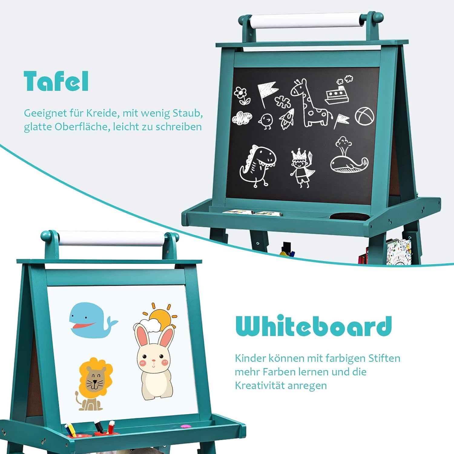 GOPLUS 3 en 1 Pizarra de pie para niños, Pizarra magnética y de tiza, Caballete de doble cara con caja de almacenamiento, para pintar y escribir, para niños Tinta. Papel para colorear e imanes (azul)