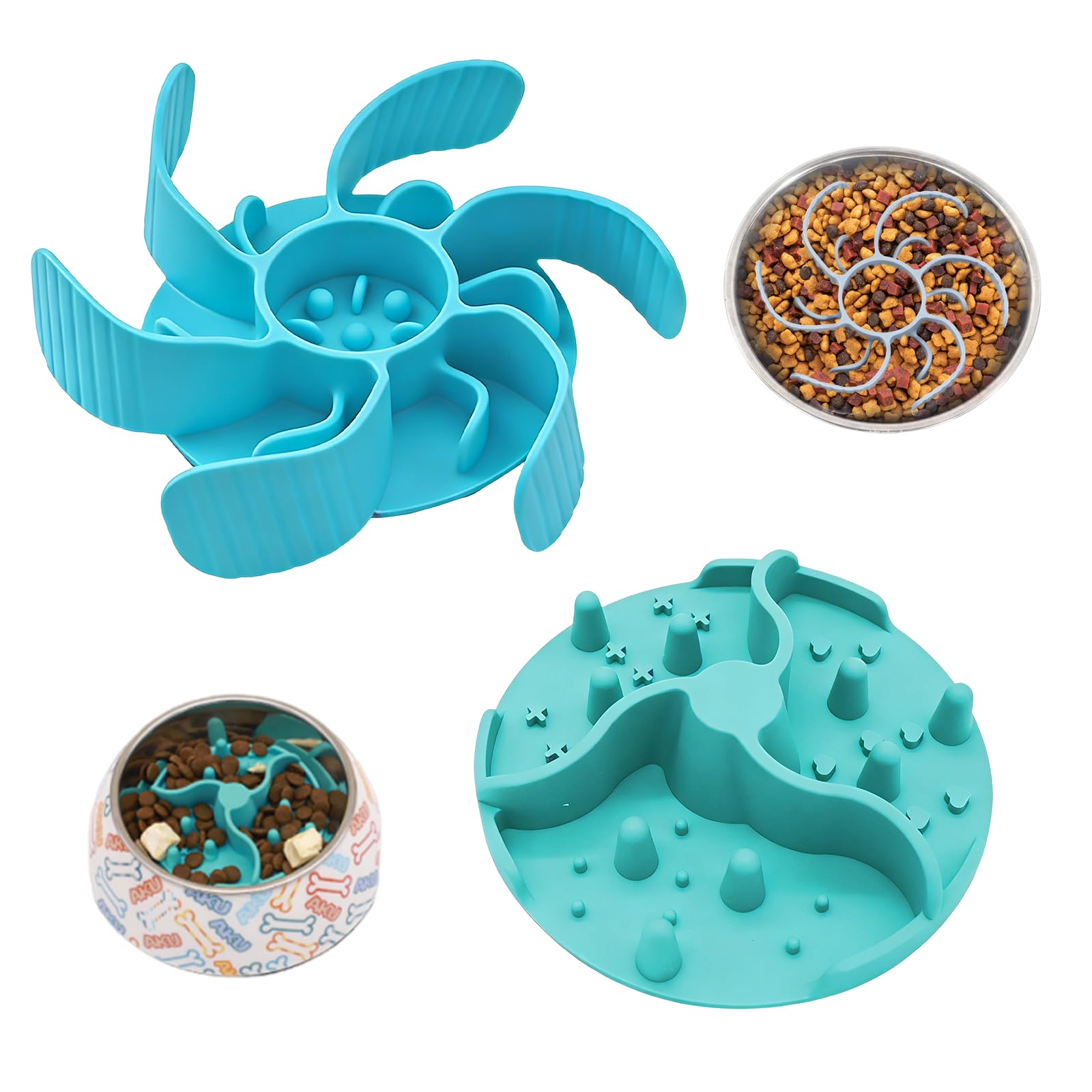 LEBKFT 2PCS Slow Feeder Insert for Dog Bowl, Anti-Bloat Silicone Mat with Strong Suction Cups Slow Eating Bowl Insert for Puppy Large Breed Dogs Universal Fit for Most Bowls (Combination A)