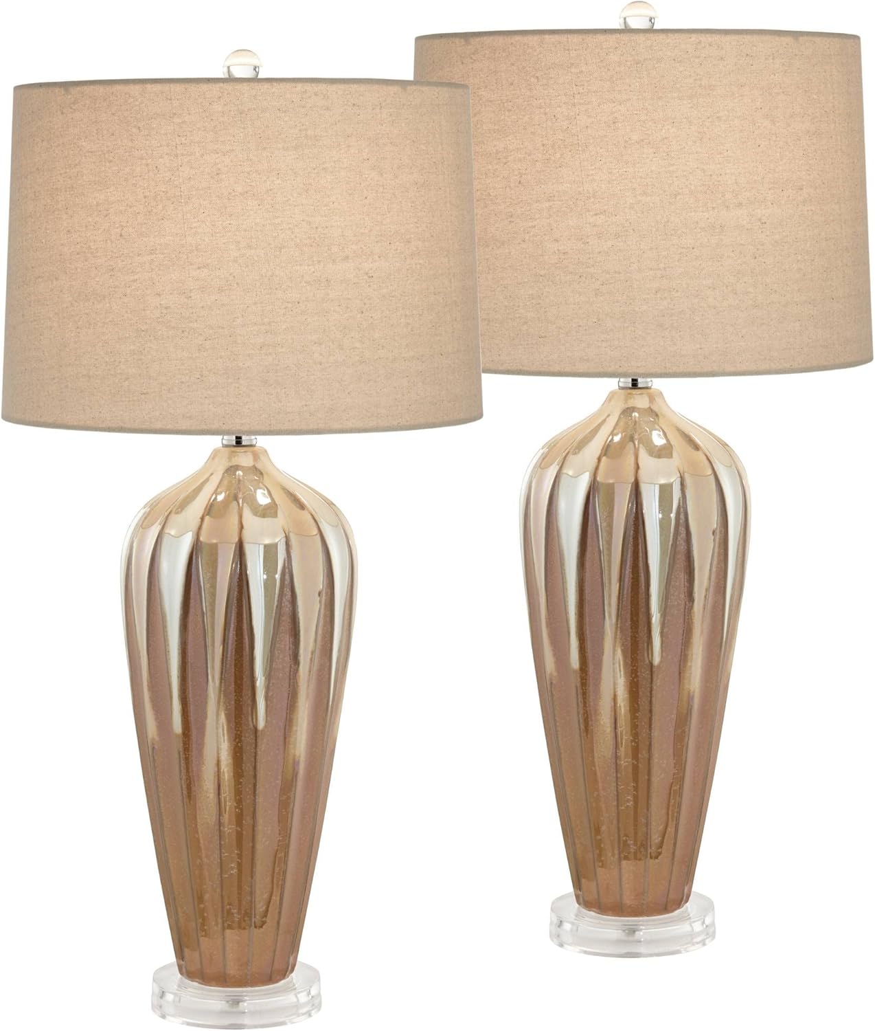 Possini Euro Design Loren 28 1/4" Tall Modern End Table Lamps Set of 2 Ivory Handcrafted Brown Ceramic Living Room Bedroom Bedside Nightstand House Office Home Reading Kitchen Entryway Console