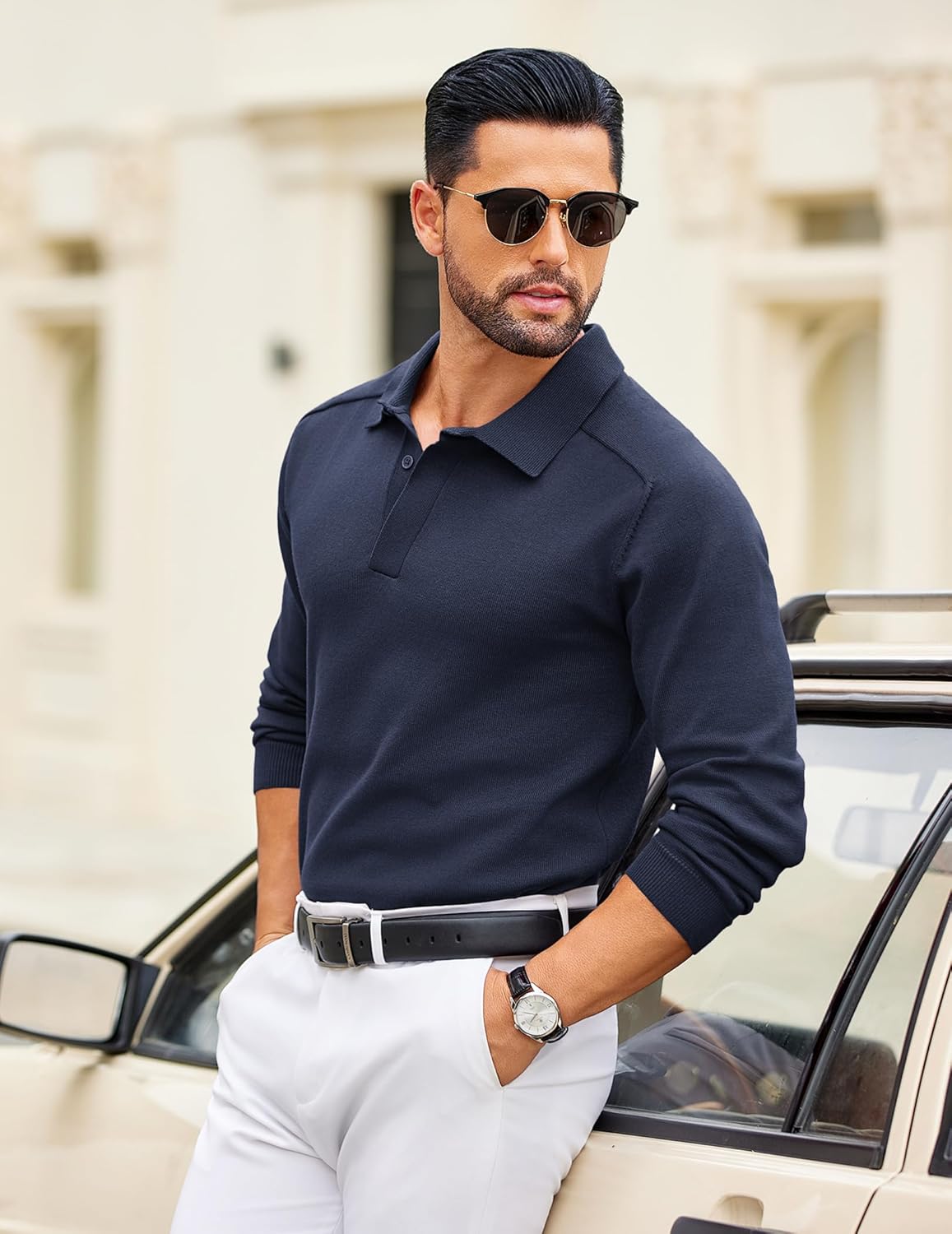 COOFANDY Mens Knit Polo Sweater Long Sleeve Polo Collared Sweaters Hidden Button Casual Pullover Sweater - Image 3