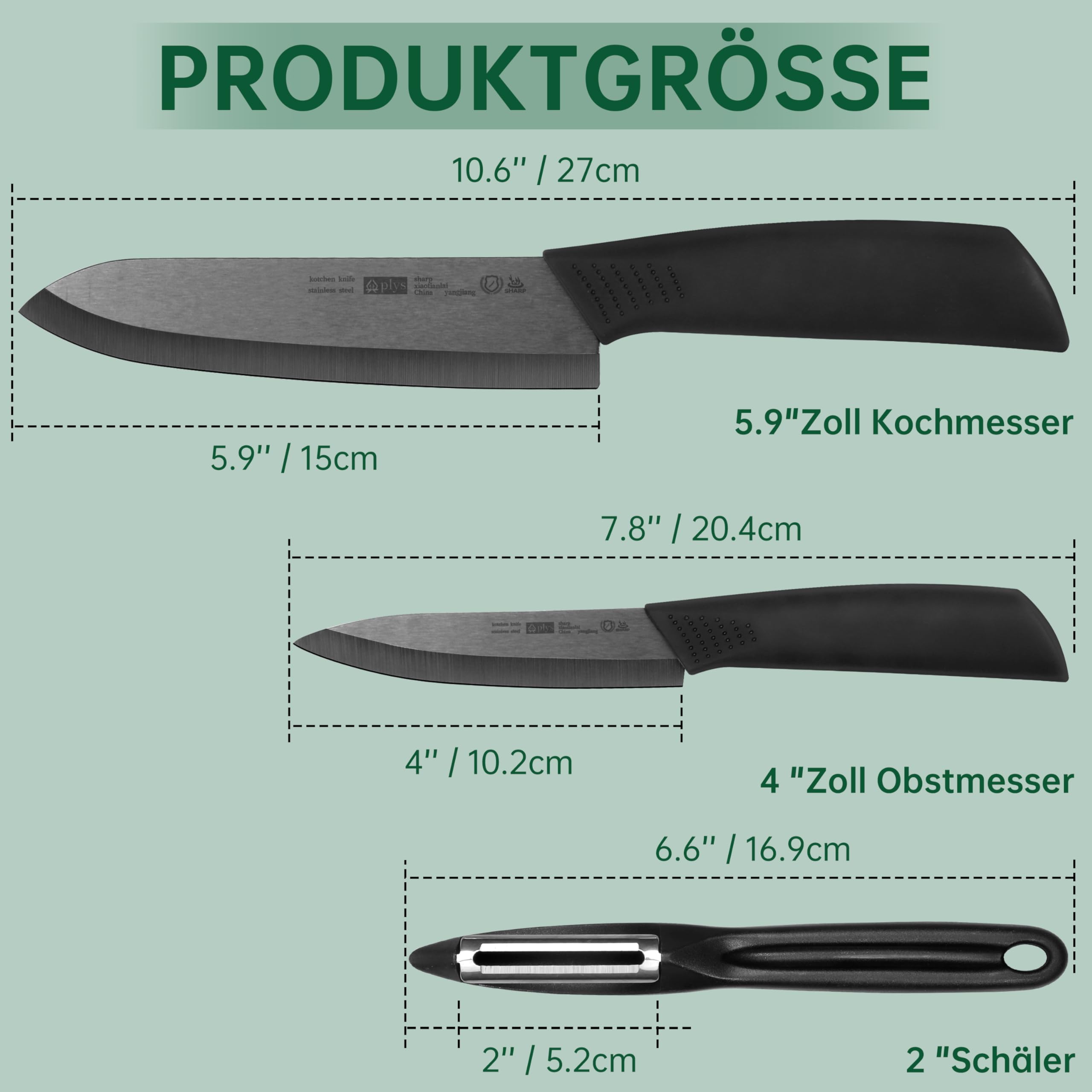 Keramikmesser Set Keramik Messer Küche: Scharf 2er Pack Messerset 15.5cm Kochemesser, 10.7cm Obstmesser Geschenk für Mama (Schwarze Klinge)