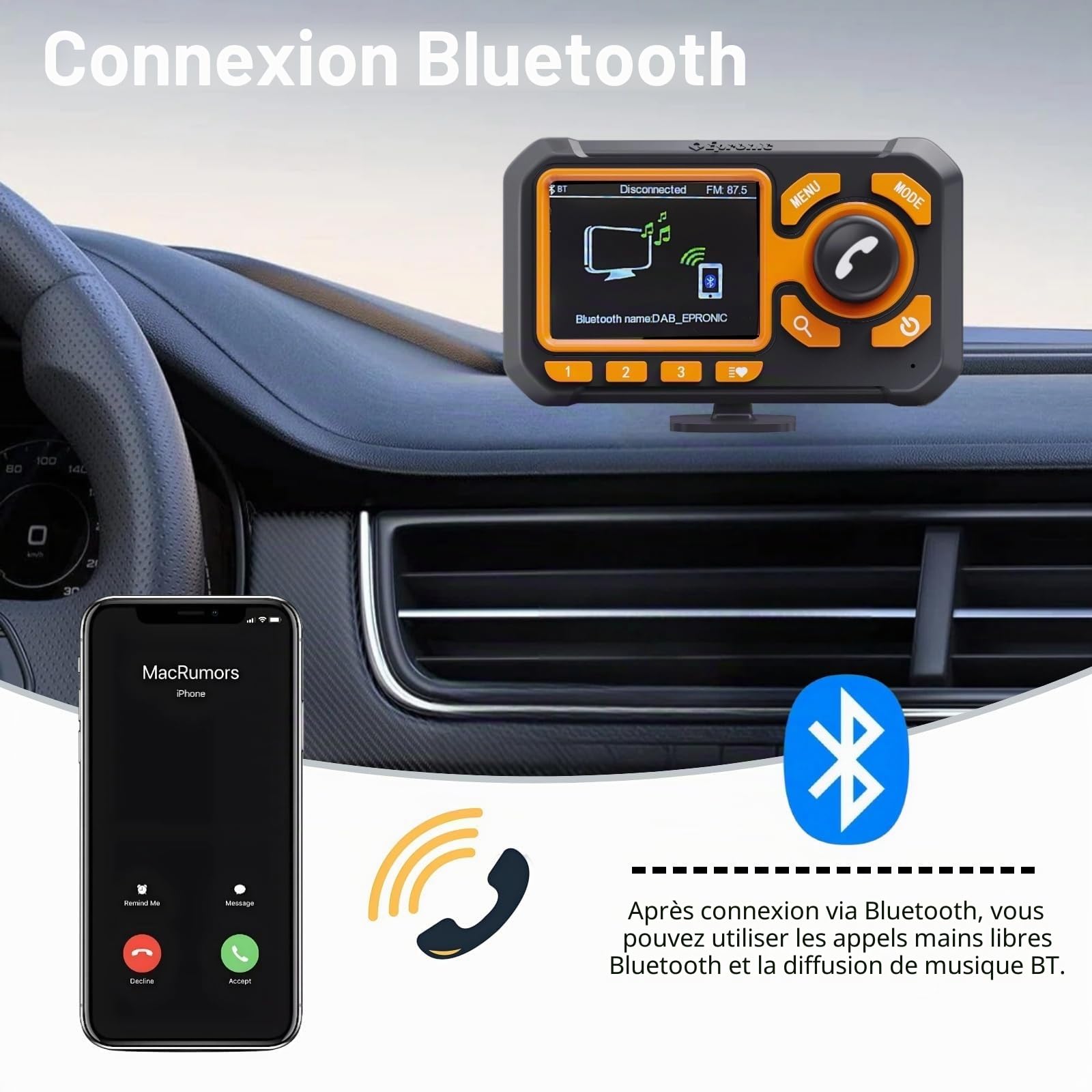 Adaptateur Radio Dab pour Voiture Émetteur Dab Plug & Play avec Bluetooth Mains Libres, écran LCD 2,4", Récepteur Radio Dab+ avec Sortie Auxiliaire et Lecteur de Carte TF pour Autoradio