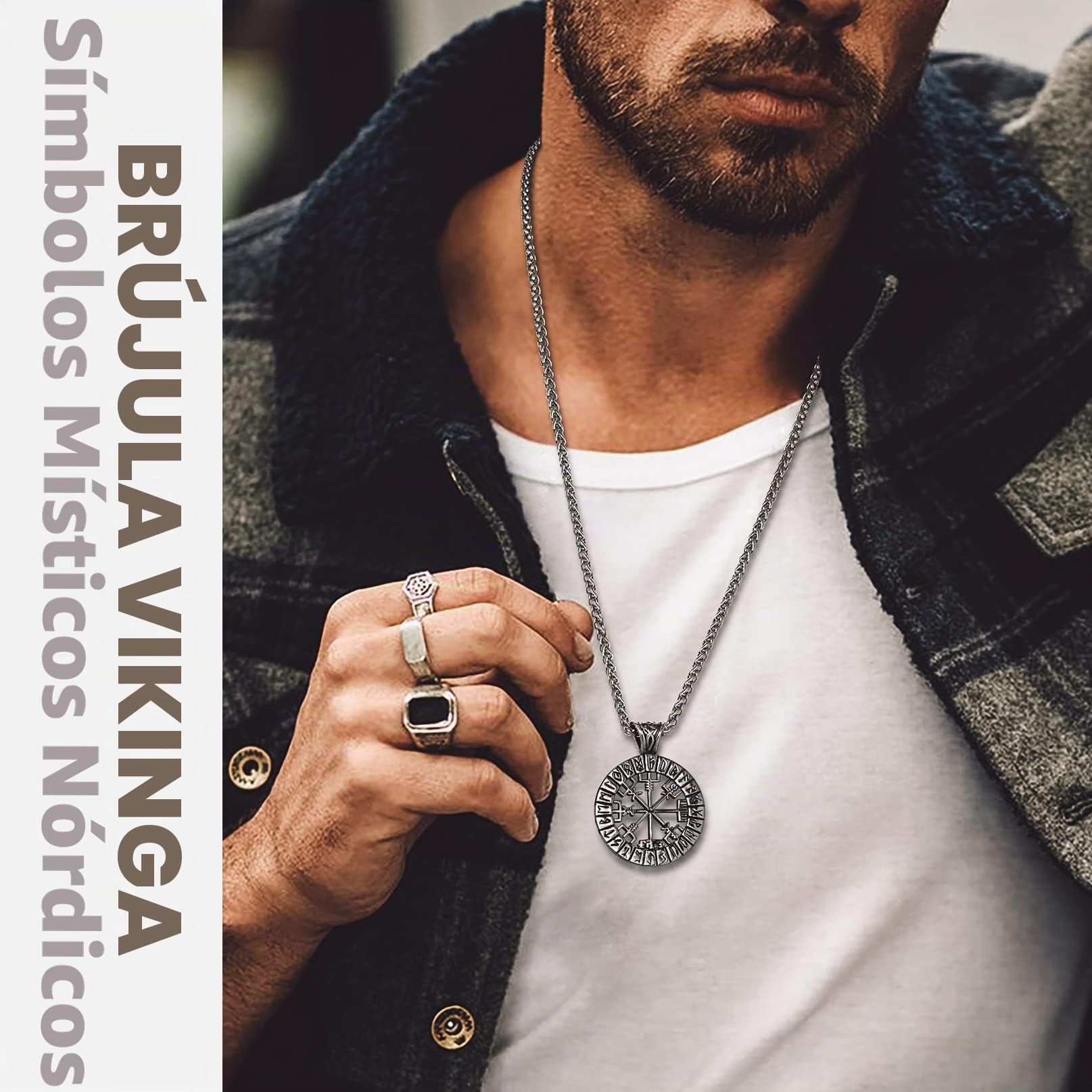 Bandmax Viking Collar con Runas Colgante Redondo Trinidad Nudo Celta/Triángulo/Vegvisir Cadena de Acero Inoxidable para Hombres Mujeres