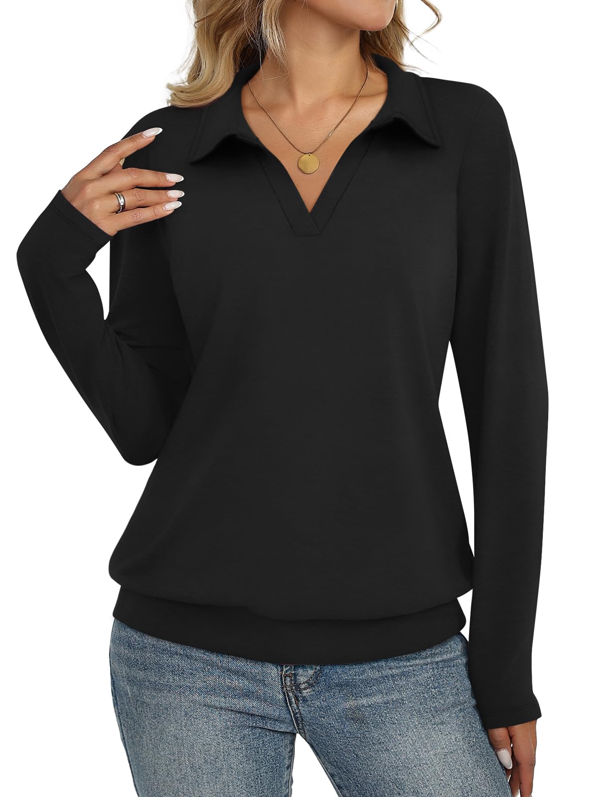 ticticmiss Womens Polo Shirts Long Sleeve Banded Bottom Tops Business Casual Tops Collared V Neck Blouses-picture-44