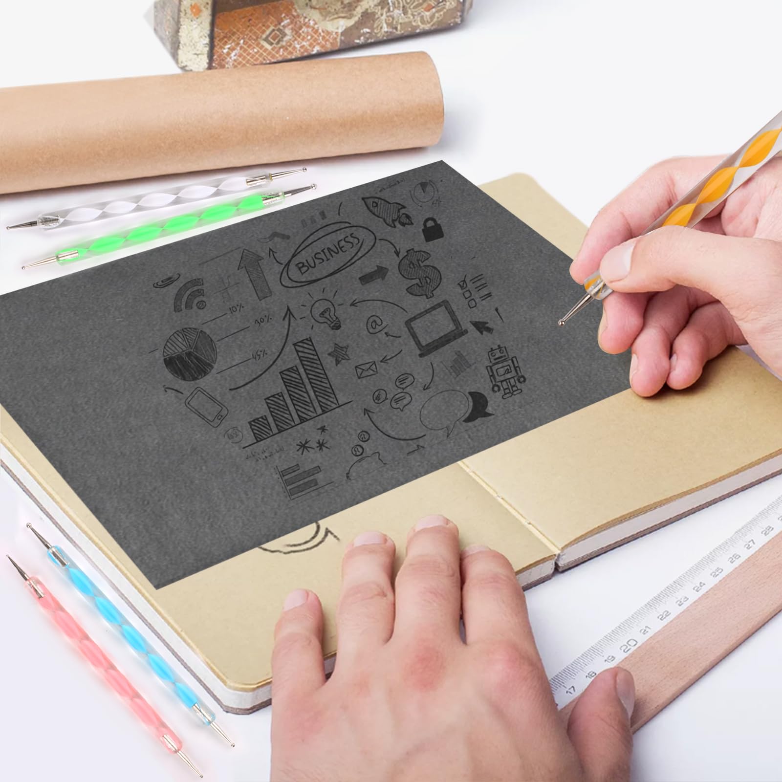 Papier Carbone A4 VFANDV - 150 Feuilles + 5 Stylos Embosseurs - Transfert Pour Bois, Toile, Verre