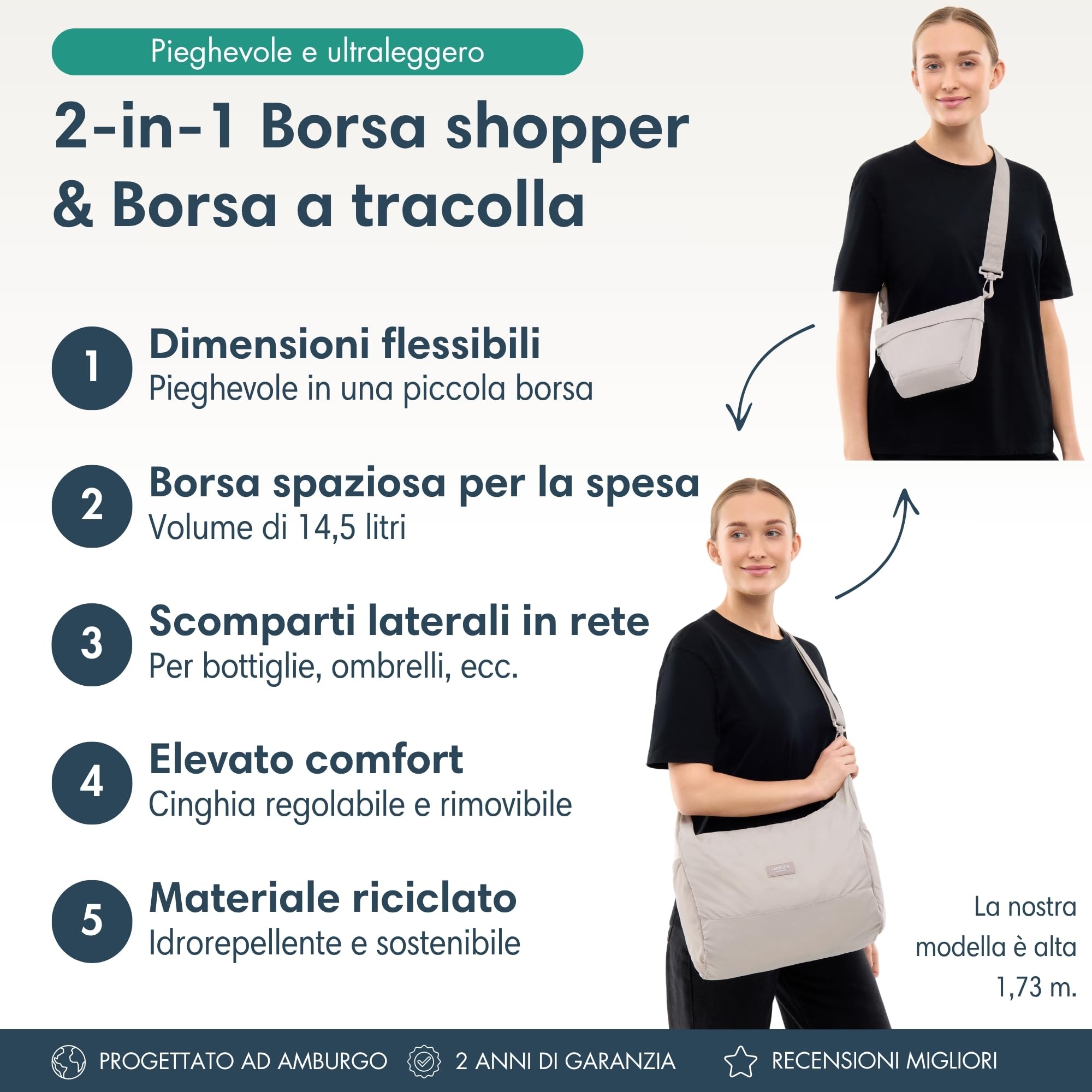 LARKSON Shopper Borsa Donna & Uomo - Olea - Tote Bag Pieghevole con Cerniera - Foldable Shopping Bag - 14 Litri - Pieghevole a Borsa a Tracolla - Leggera