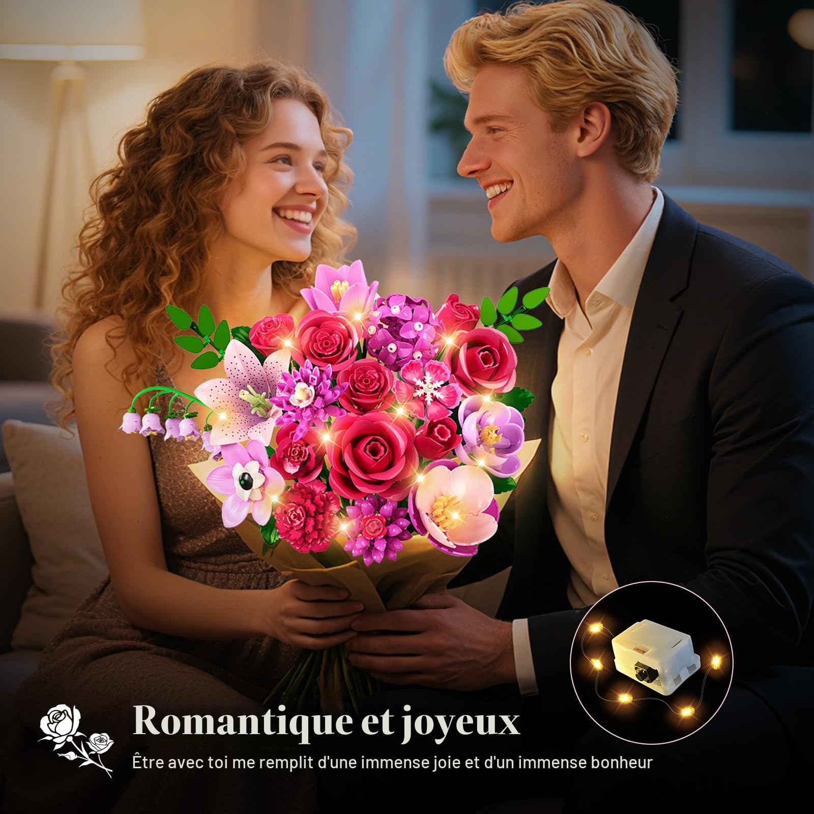 CUBIMANA Bouquet de Fleurs LED 21 Roses Rouges Collection Botanique 832PCS