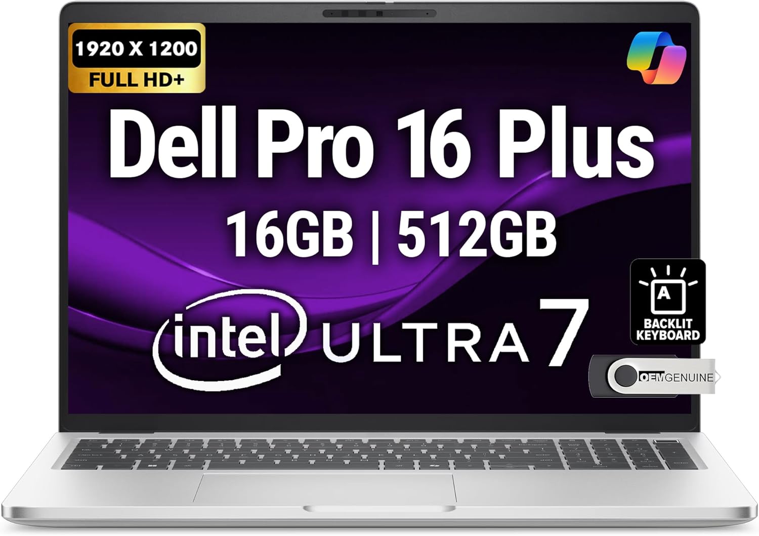 Dell Pro 16 Plus PB16250 (Replaces Latitude 5550) Business Notebook 16" FHD+ Intel Ultra 7-265U, 16GB DDR5 RAM, 512GB NVMe, Wi-Fi 6E, BT, Backlit Keyboard, HD Webcam, RJ-45, Win 11 Pro