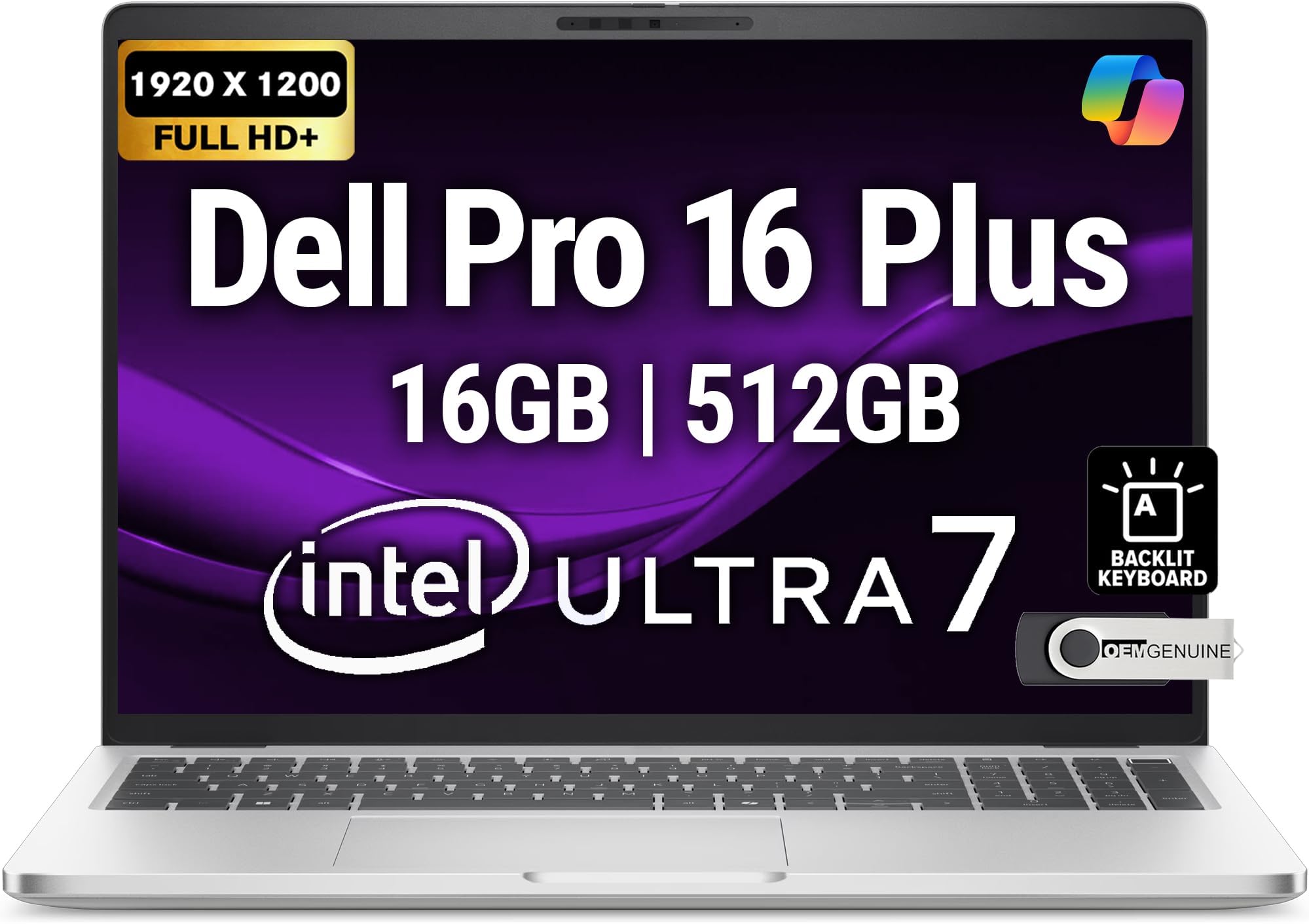 Dell Pro 16 Plus PB16250 (Replaces Latitude 5550) Business Notebook 16" FHD+ Intel Ultra 7-265U, 16GB DDR5 RAM, 512GB NVMe, Wi-Fi 6E, BT, Backlit Keyboard, HD Webcam, RJ-45, Win 11 Pro