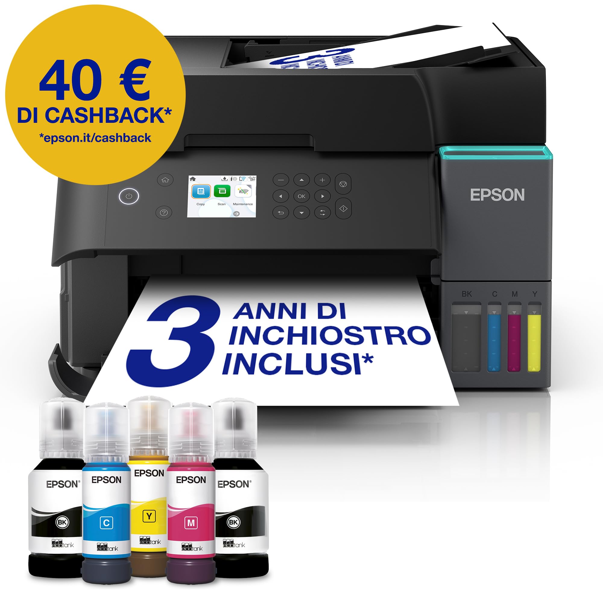 Epson EcoTank ET-3950 Stampante A4 Wi-Fi Fronte/Retro Stampa Copia Scansione Display LCD 6.1 cm ADF 30 Fogli 3 Anni Inchiostro Inclusi